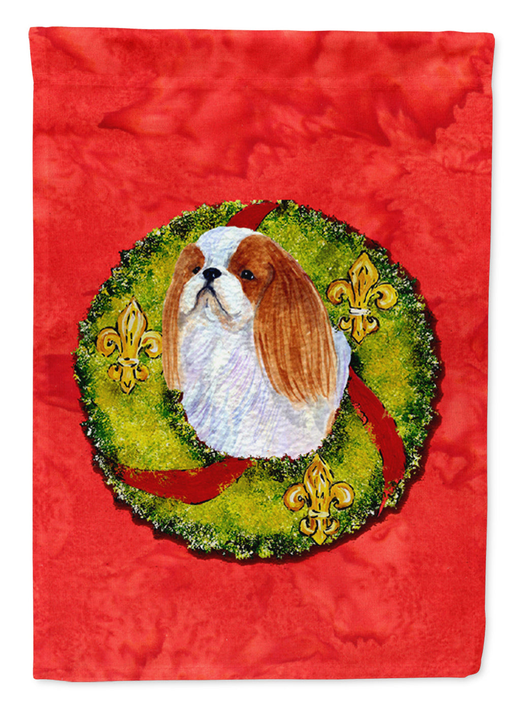 English Toy Spaniel Cristmas Wreath House Flag 28x40 Porch Sleeve Pole Decorative Outside Yard Banner Artwork Wall Hanging, Polyester