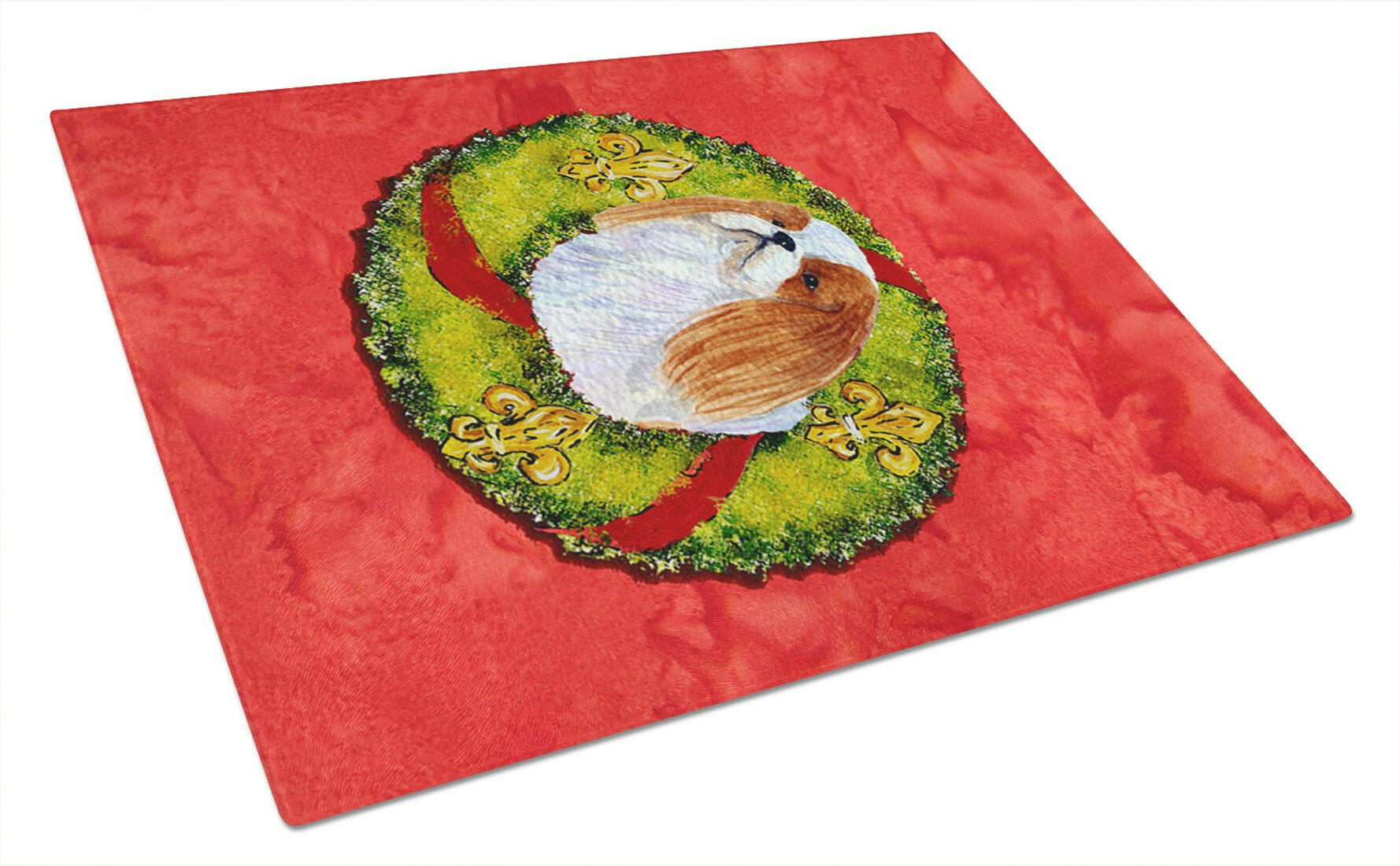 English Toy Spaniel Cristmas Wreath Cutting Board Tempered Glass Kitchen Cutting Surface, Heat Resistant Chopping, Non-Slip Feet, Food Prep & Serving