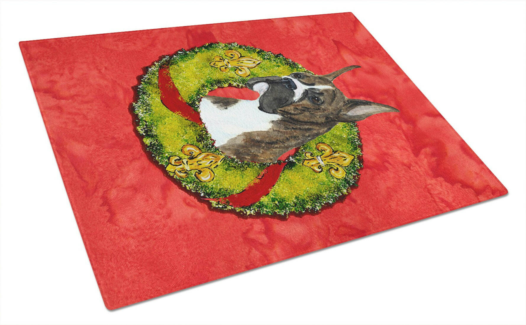 Brindle Boxer Cristmas Wreath Cutting Board Tempered Glass Kitchen Cutting Surface, Heat Resistant Chopping, Non-Slip Feet, Food Prep & Serving