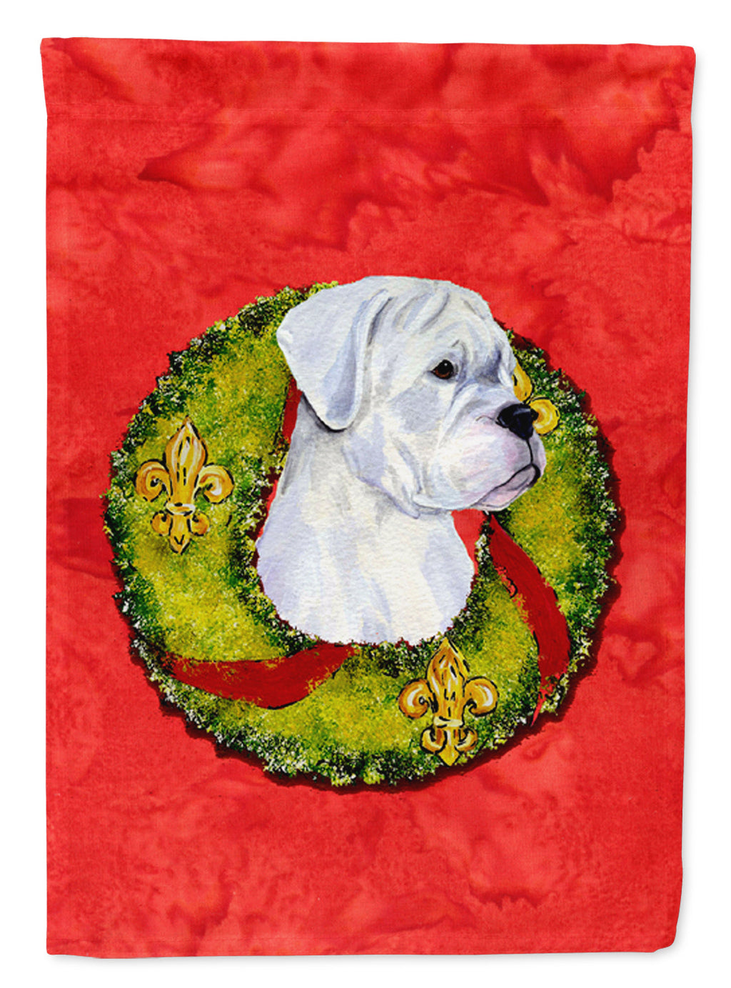 White Boxer Cristmas Wreath House Flag 28x40 Porch Sleeve Pole Decorative Outside Yard Banner Artwork Wall Hanging, Polyester