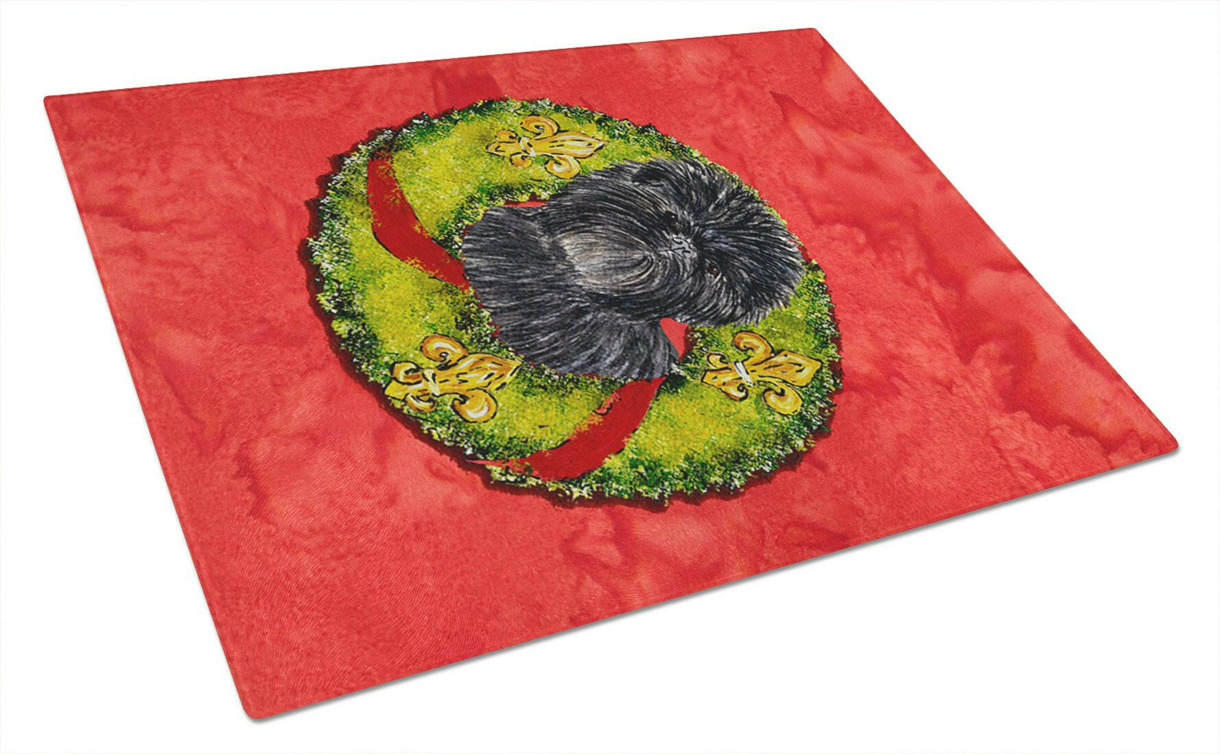 Affenpinscher Cristmas Wreath Cutting Board Tempered Glass Kitchen Cutting Surface, Heat Resistant Chopping, Non-Slip Feet, Food Prep & Serving