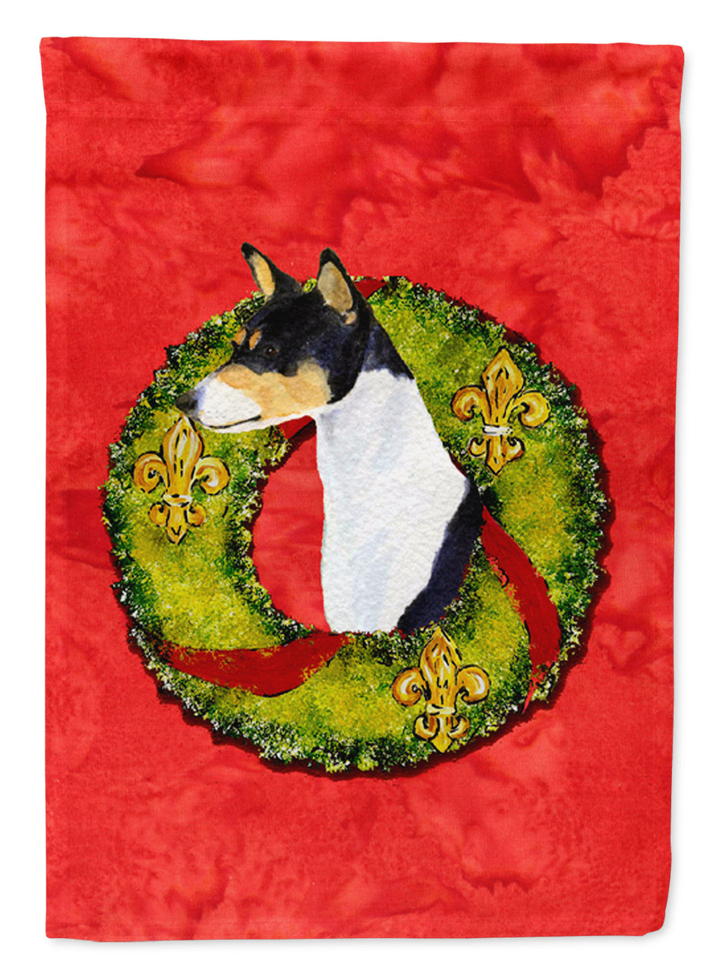 Basenji Cristmas Wreath House Flag 28x40 Porch Sleeve Pole Decorative Outside Yard Banner Artwork Wall Hanging, Polyester