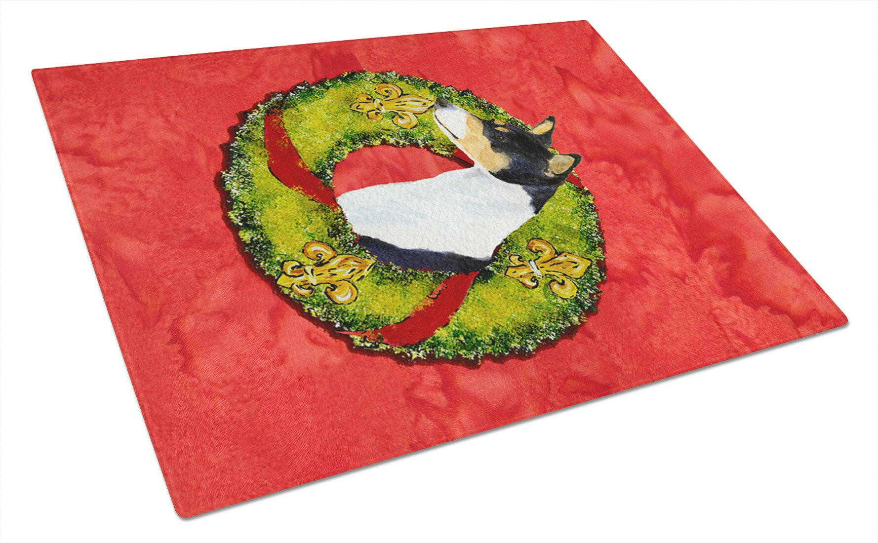 Basenji Cristmas Wreath Cutting Board Tempered Glass Kitchen Cutting Surface, Heat Resistant Chopping, Non-Slip Feet, Food Prep & Serving