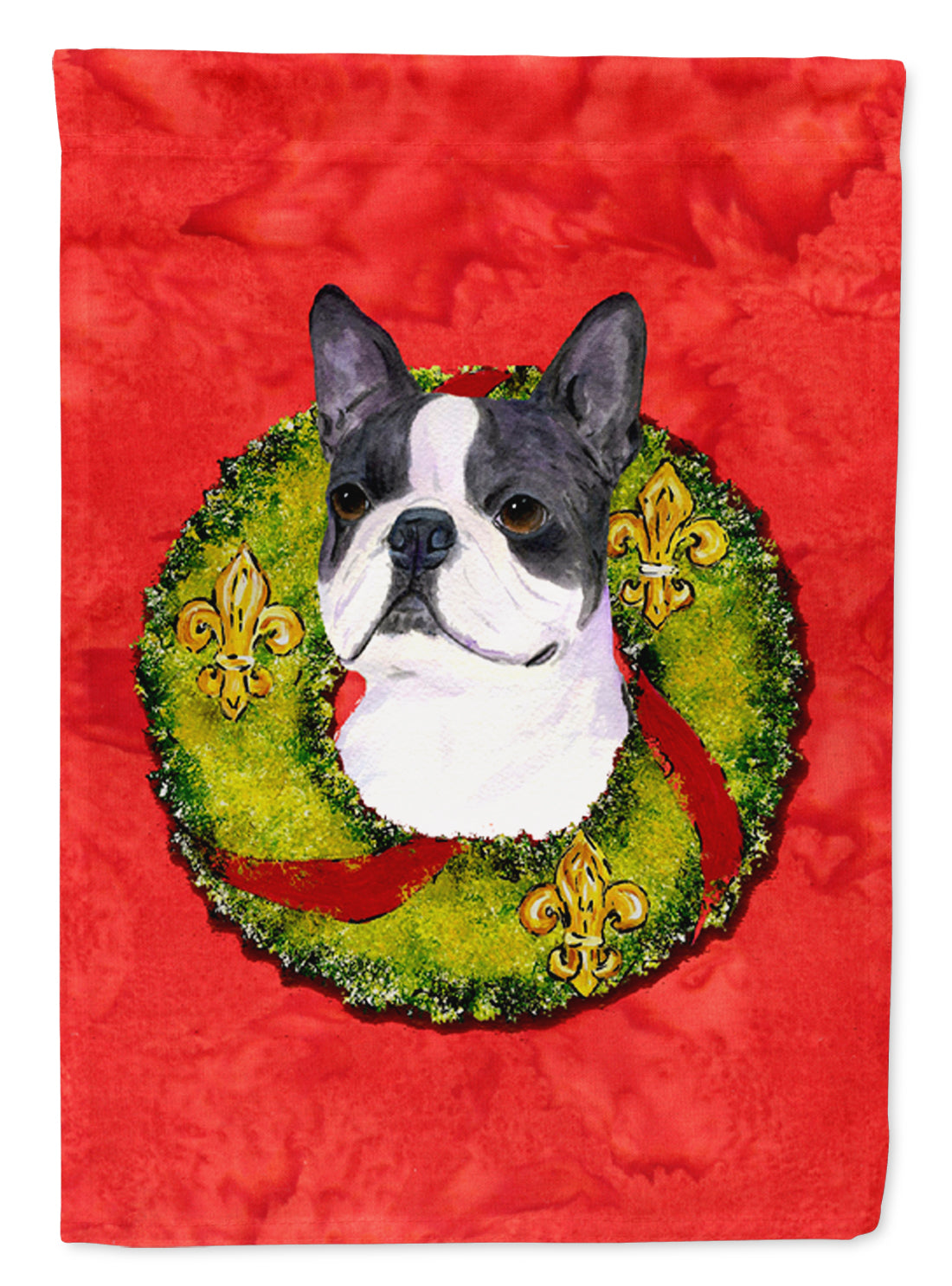 Boston Terrier Cristmas Wreath House Flag 28x40 Porch Sleeve Pole Decorative Outside Yard Banner Artwork Wall Hanging, Polyester