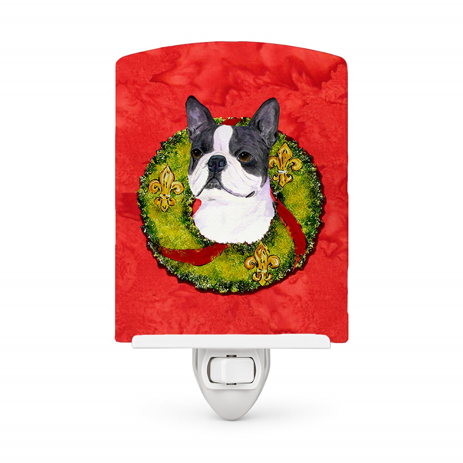 Boston Terrier Cristmas Wreath Ceramic Night Light Compact, UL-Certified, Ideal for Bedroom, Bathroom, Nursery, Hallway, Kitchen, 6x4x3, Multicolor