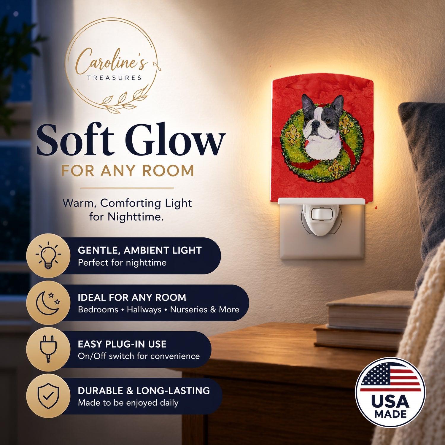 Boston Terrier Cristmas Wreath Ceramic Night Light Compact, UL-Certified, Ideal for Bedroom, Bathroom, Nursery, Hallway, Kitchen, 6x4x3, Multicolor