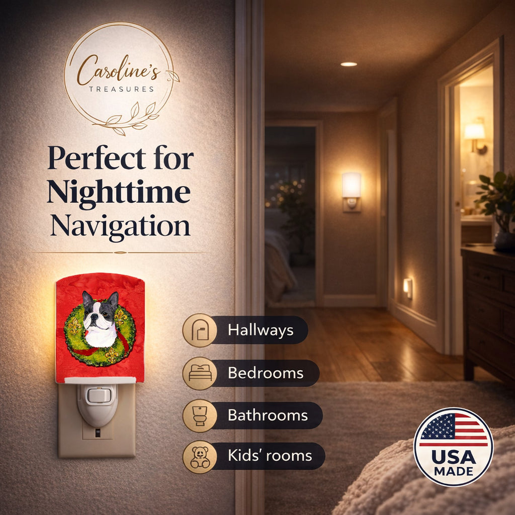 Boston Terrier Cristmas Wreath Ceramic Night Light Compact, UL-Certified, Ideal for Bedroom, Bathroom, Nursery, Hallway, Kitchen, 6x4x3, Multicolor