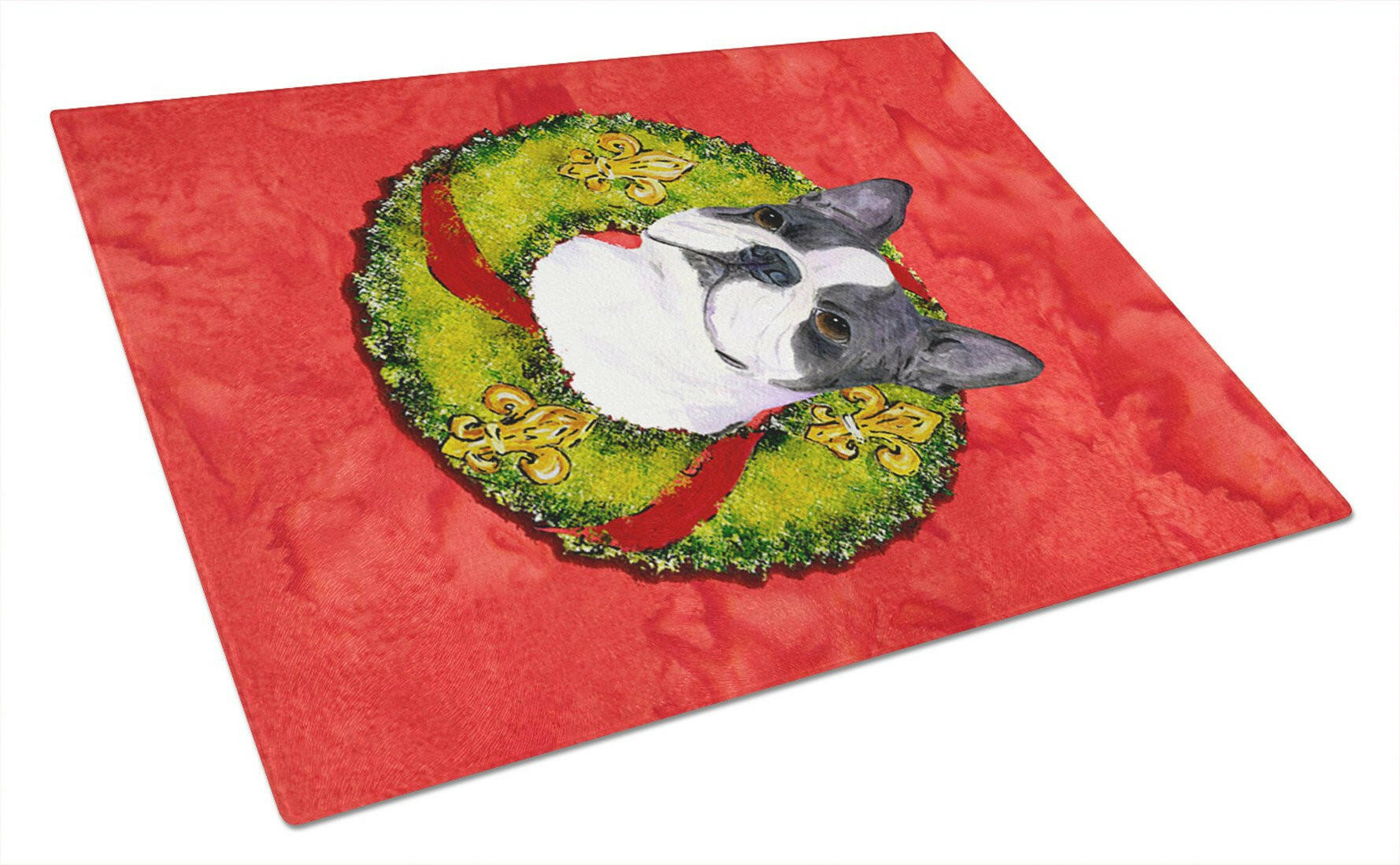 Boston Terrier Cristmas Wreath Cutting Board Tempered Glass Kitchen Cutting Surface, Heat Resistant Chopping, Non-Slip Feet, Food Prep & Serving