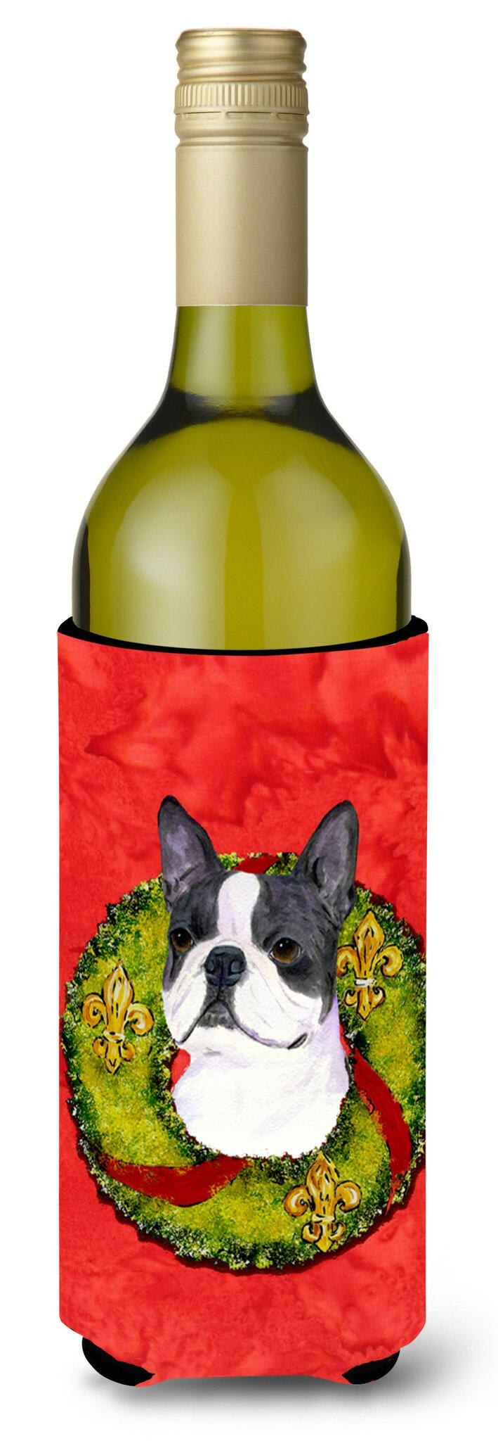 Boston Terrier Cristmas Wreath Wine Bottle Hugger Gift Sleeve for Standard 750 ml Bottles, Insulated Reusable Also Fits Mini Shot & Pint Bottles