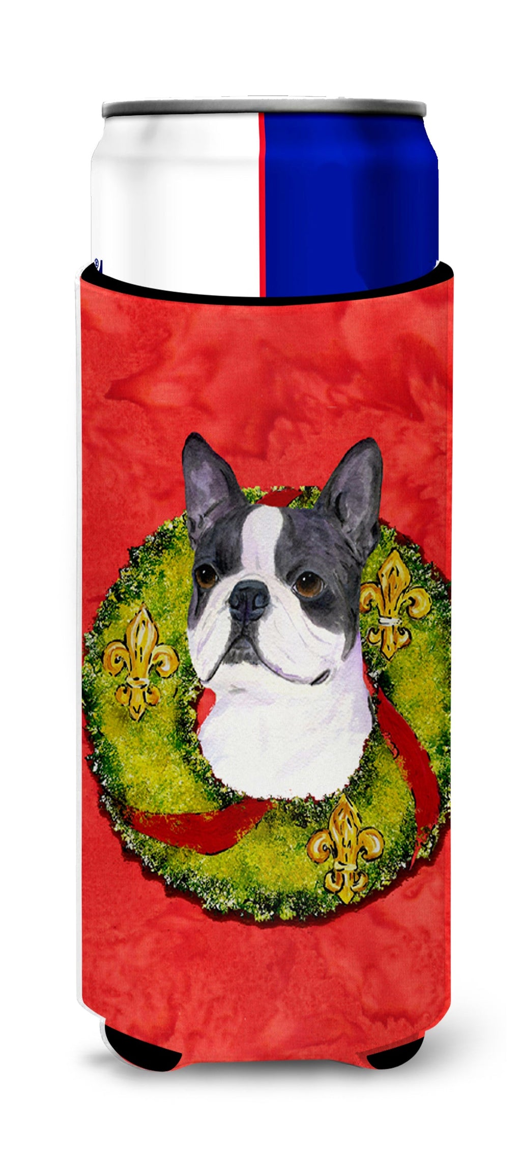 Boston Terrier Cristmas Wreath Slim Can Hugger , Insulated Foam Hugger for 12 oz Slim Cans, Beer Bottles & Water Bottles, Printed in USA