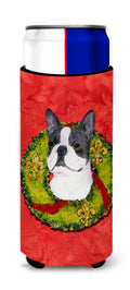 Boston Terrier Cristmas Wreath Slim Can Hugger , Insulated Foam Hugger for 12 oz Slim Cans, Beer Bottles & Water Bottles, Printed in USA