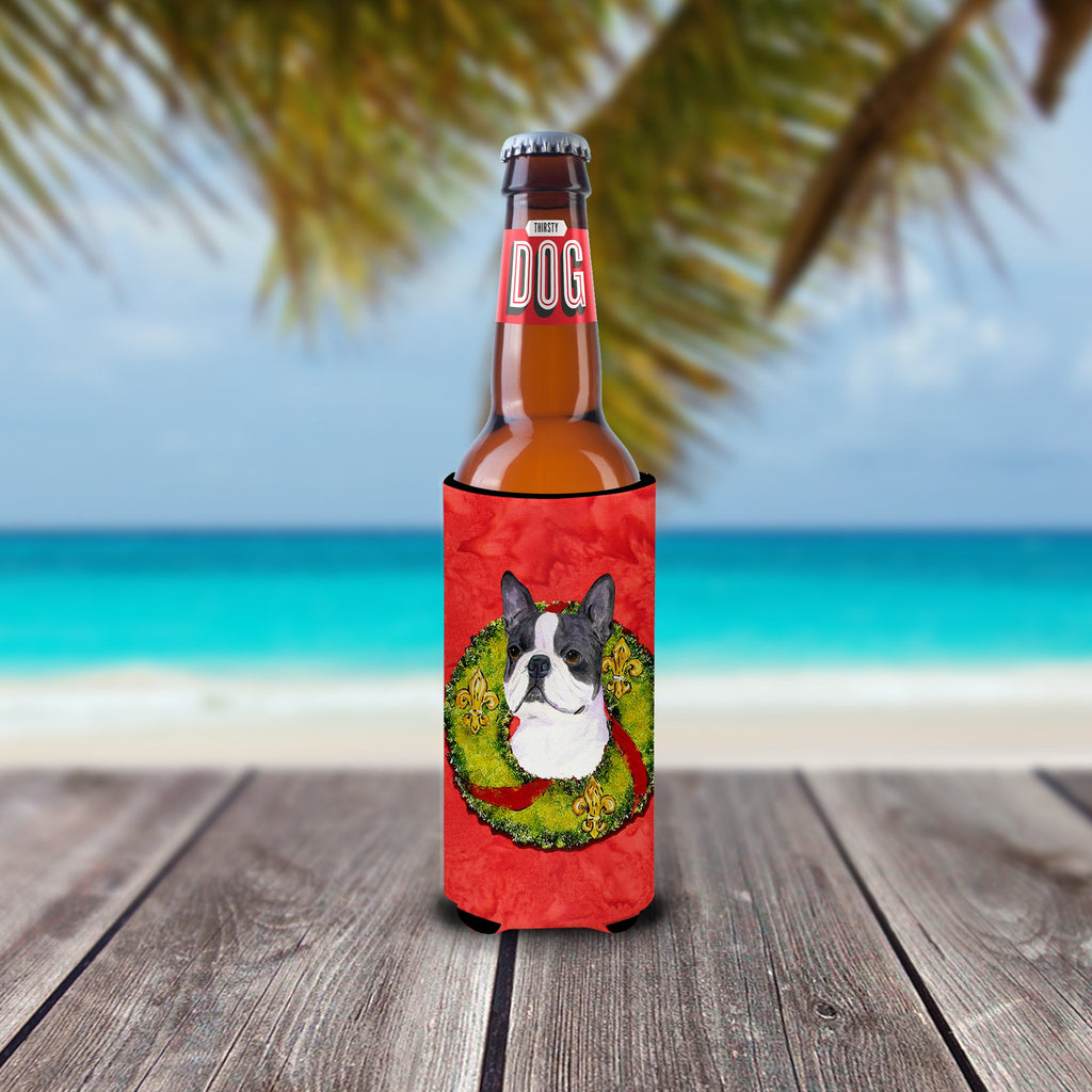 Boston Terrier Cristmas Wreath Slim Can Hugger , Insulated Foam Hugger for 12 oz Slim Cans, Beer Bottles & Water Bottles, Printed in USA