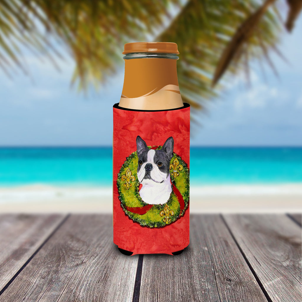 Boston Terrier Cristmas Wreath Slim Can Hugger , Insulated Foam Hugger for 12 oz Slim Cans, Beer Bottles & Water Bottles, Printed in USA