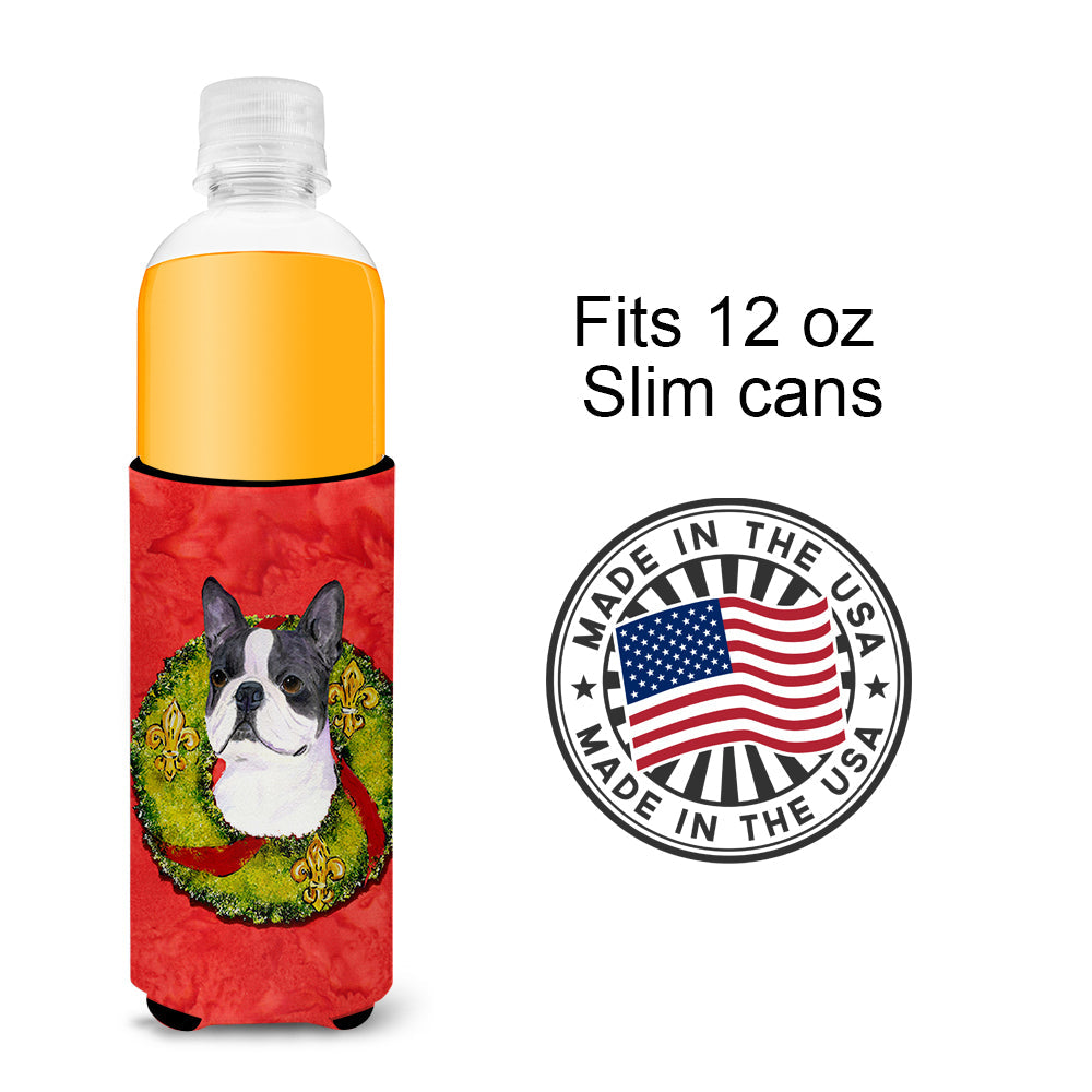 Boston Terrier Cristmas Wreath Slim Can Hugger , Insulated Foam Hugger for 12 oz Slim Cans, Beer Bottles & Water Bottles, Printed in USA