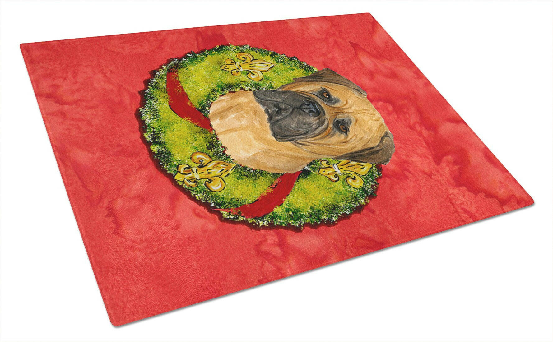 Bullmastiff Cristmas Wreath Cutting Board Tempered Glass Kitchen Cutting Surface, Heat Resistant Chopping, Non-Slip Feet, Food Prep & Serving