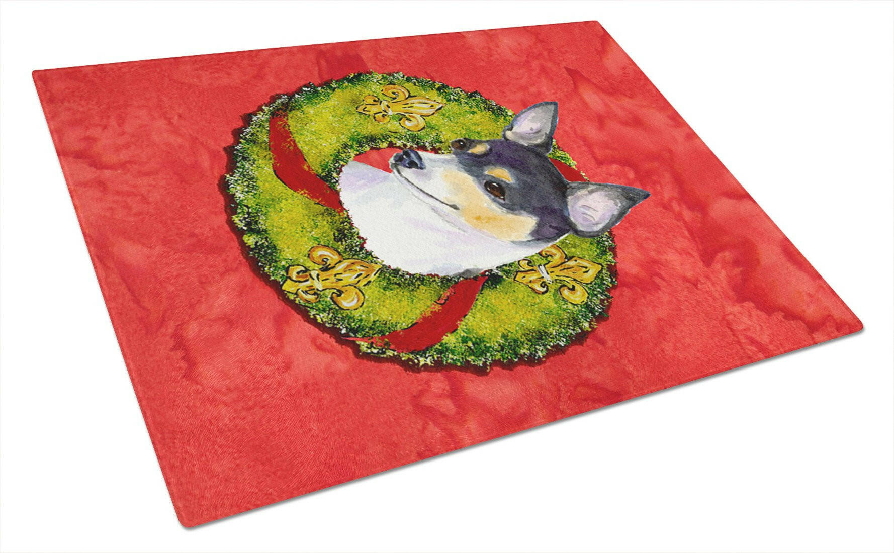 Fox Terrier Cristmas Wreath Cutting Board Tempered Glass Kitchen Cutting Surface, Heat Resistant Chopping, Non-Slip Feet, Food Prep & Serving