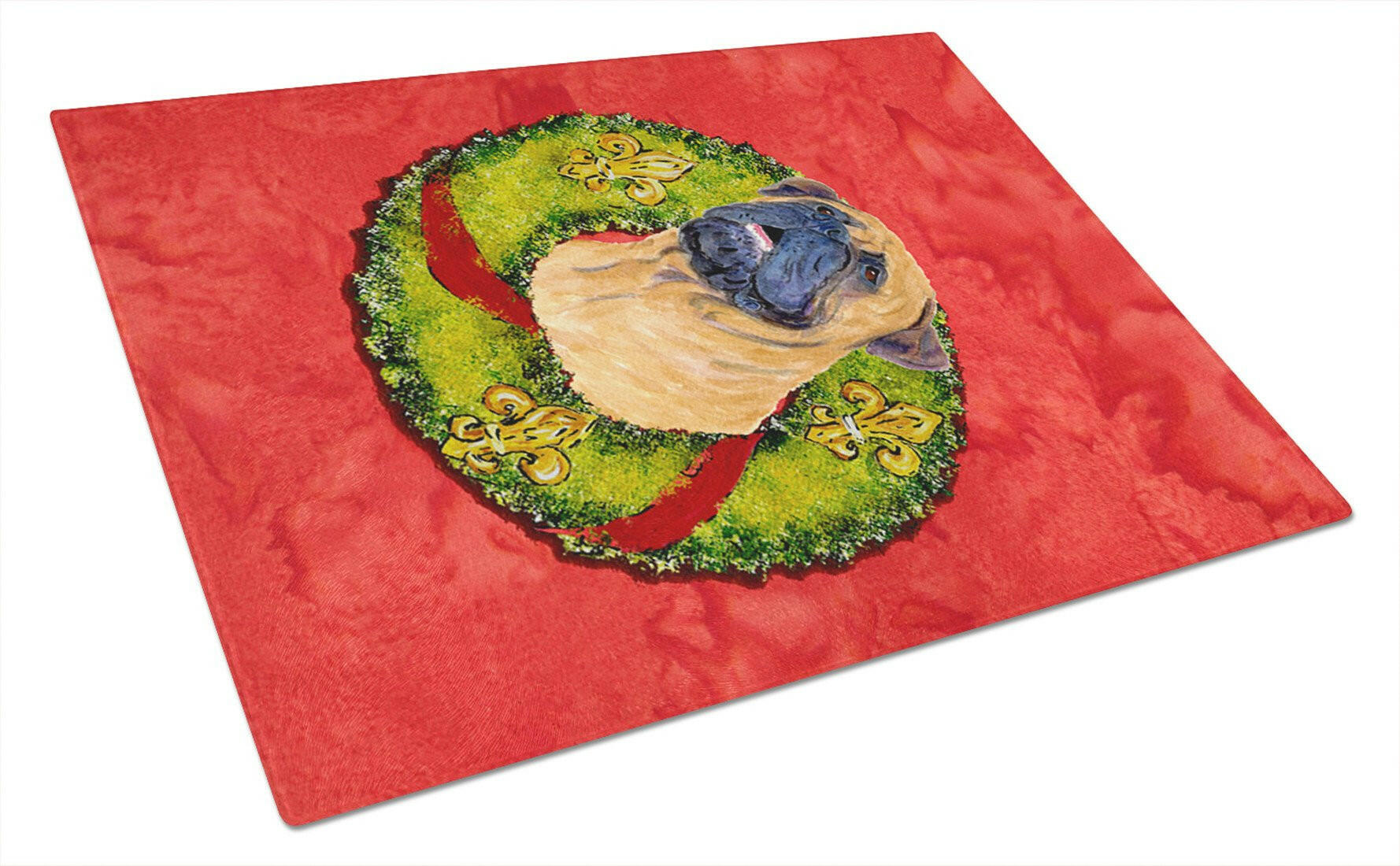 Bullmastiff Cristmas Wreath Cutting Board Tempered Glass Kitchen Cutting Surface, Heat Resistant Chopping, Non-Slip Feet, Food Prep & Serving