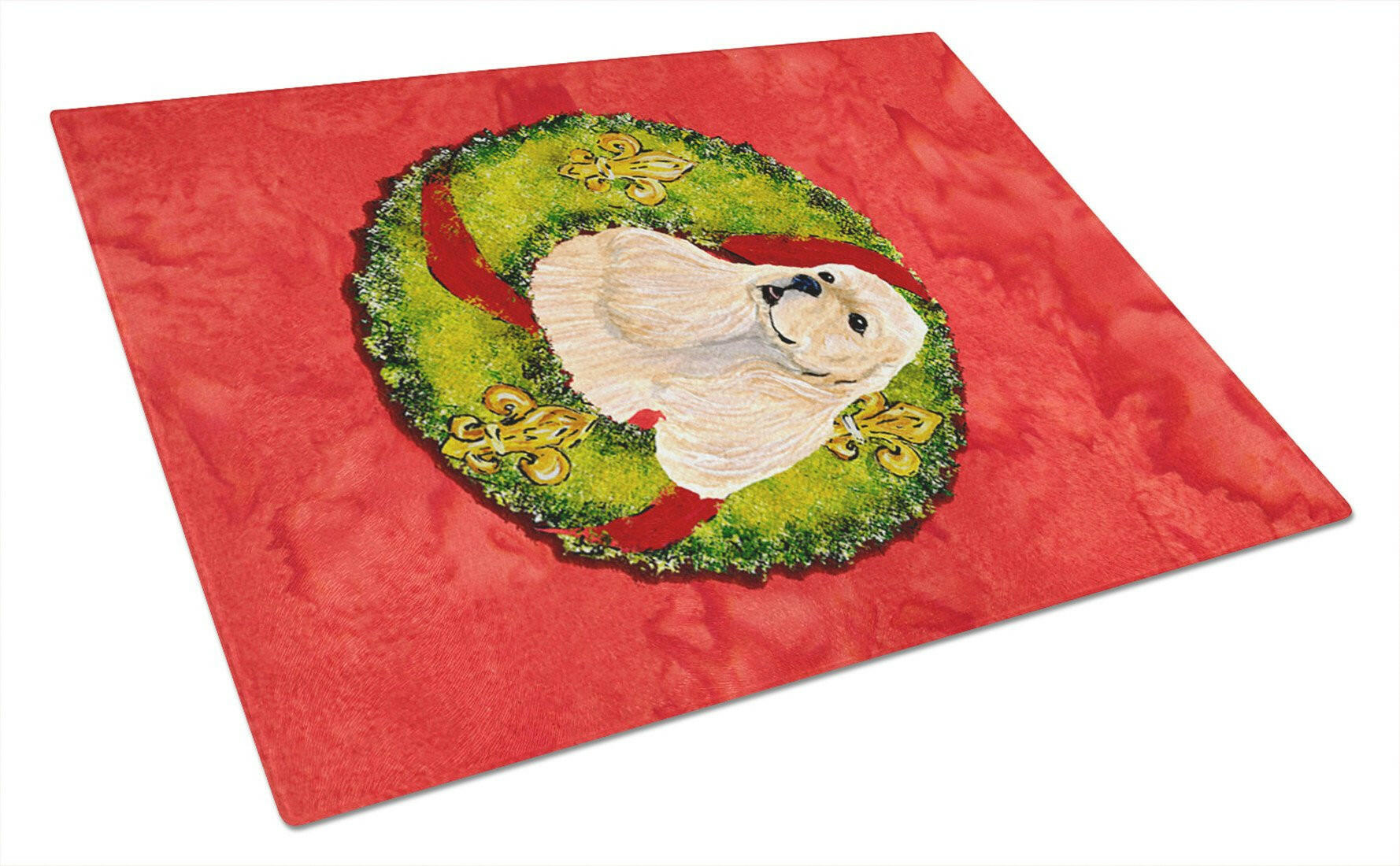 Cocker Spaniel Cristmas Wreath Cutting Board Tempered Glass Kitchen Cutting Surface, Heat Resistant Chopping, Non-Slip Feet, Food Prep & Serving