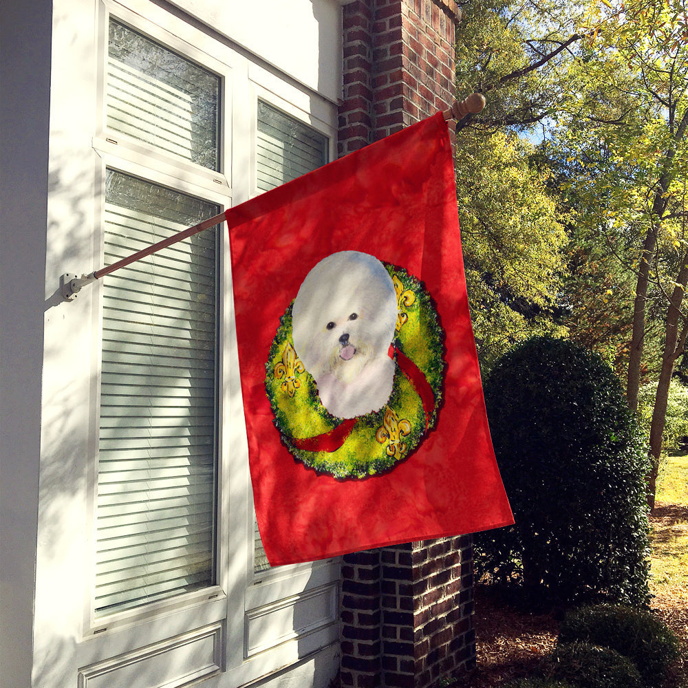 Bichon Frise Cristmas Wreath House Flag 28x40 Porch Sleeve Pole Decorative Outside Yard Banner Artwork Wall Hanging, Polyester