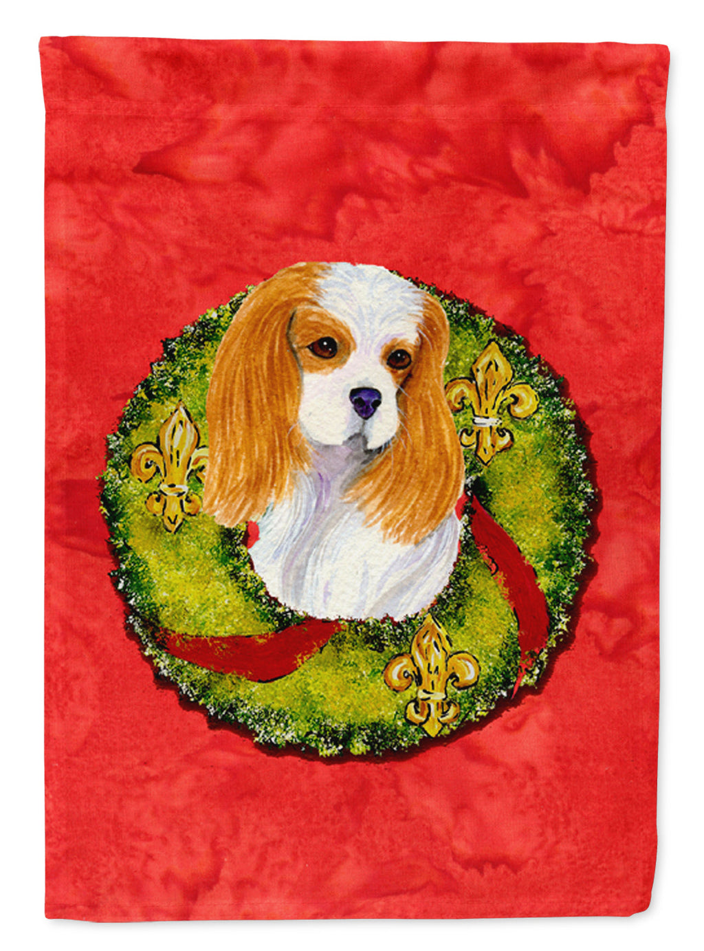 Cavalier Spaniel Cristmas Wreath House Flag 28x40 Porch Sleeve Pole Decorative Outside Yard Banner Artwork Wall Hanging, Polyester