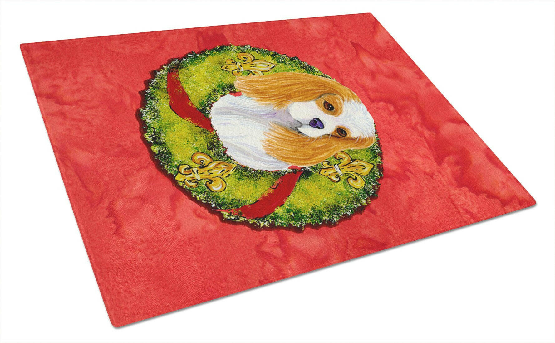 Cavalier Spaniel Cristmas Wreath Cutting Board Tempered Glass Kitchen Cutting Surface, Heat Resistant Chopping, Non-Slip Feet, Food Prep & Serving