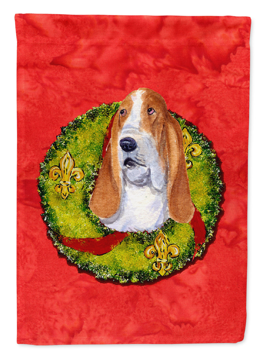 Basset Hound Cristmas Wreath House Flag 28x40 Porch Sleeve Pole Decorative Outside Yard Banner Artwork Wall Hanging, Polyester