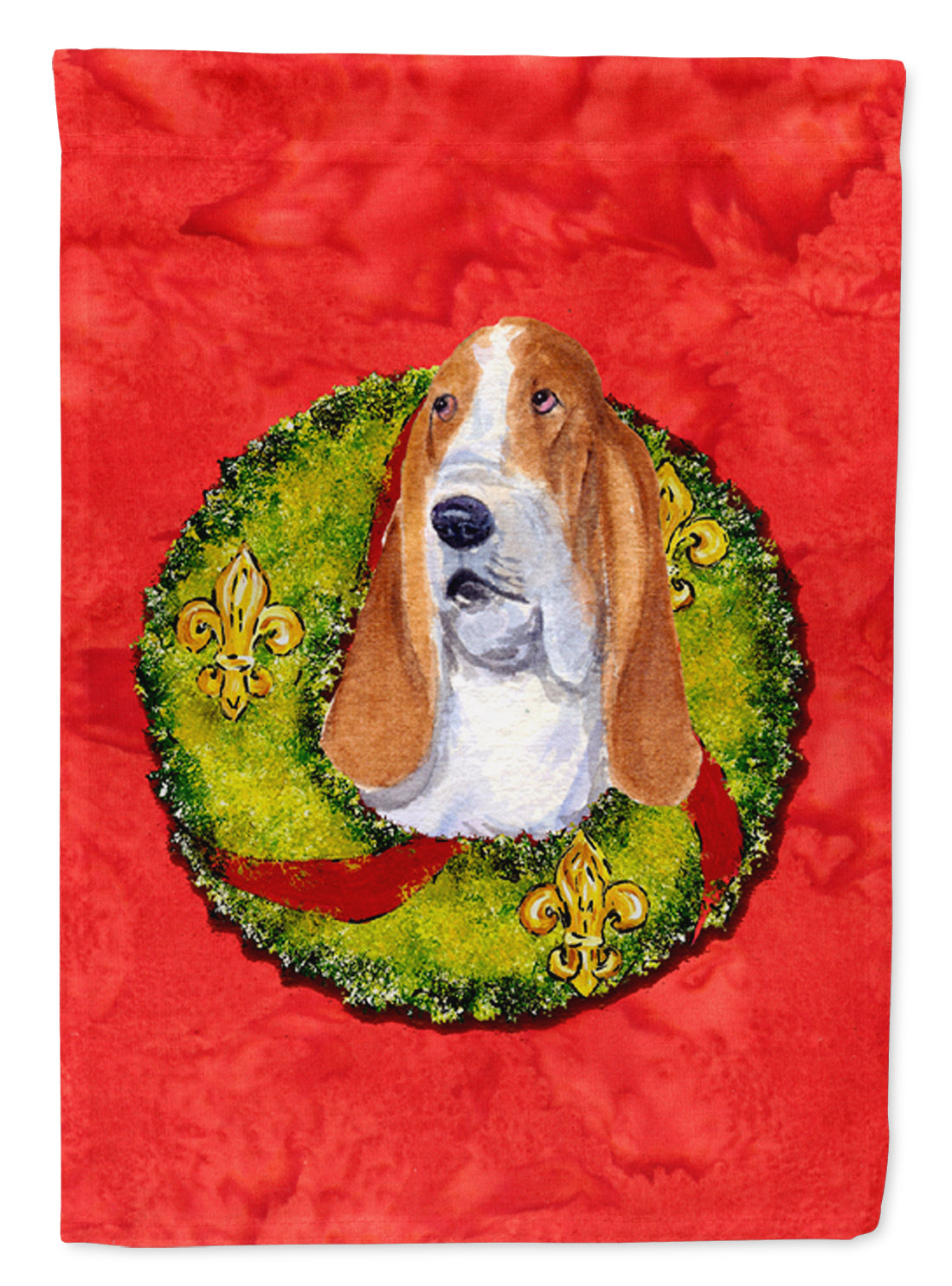 Basset Hound Cristmas Wreath House Flag 28x40 Porch Sleeve Pole Decorative Outside Yard Banner Artwork Wall Hanging, Polyester