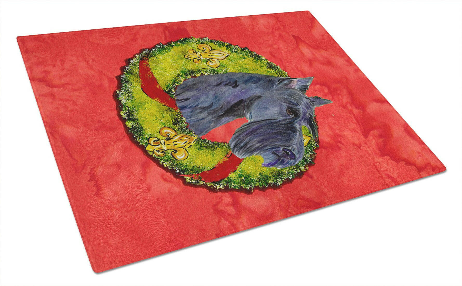 Scottish Terrier Cristmas Wreath Cutting Board Tempered Glass Kitchen Cutting Surface, Heat Resistant Chopping, Non-Slip Feet, Food Prep & Serving
