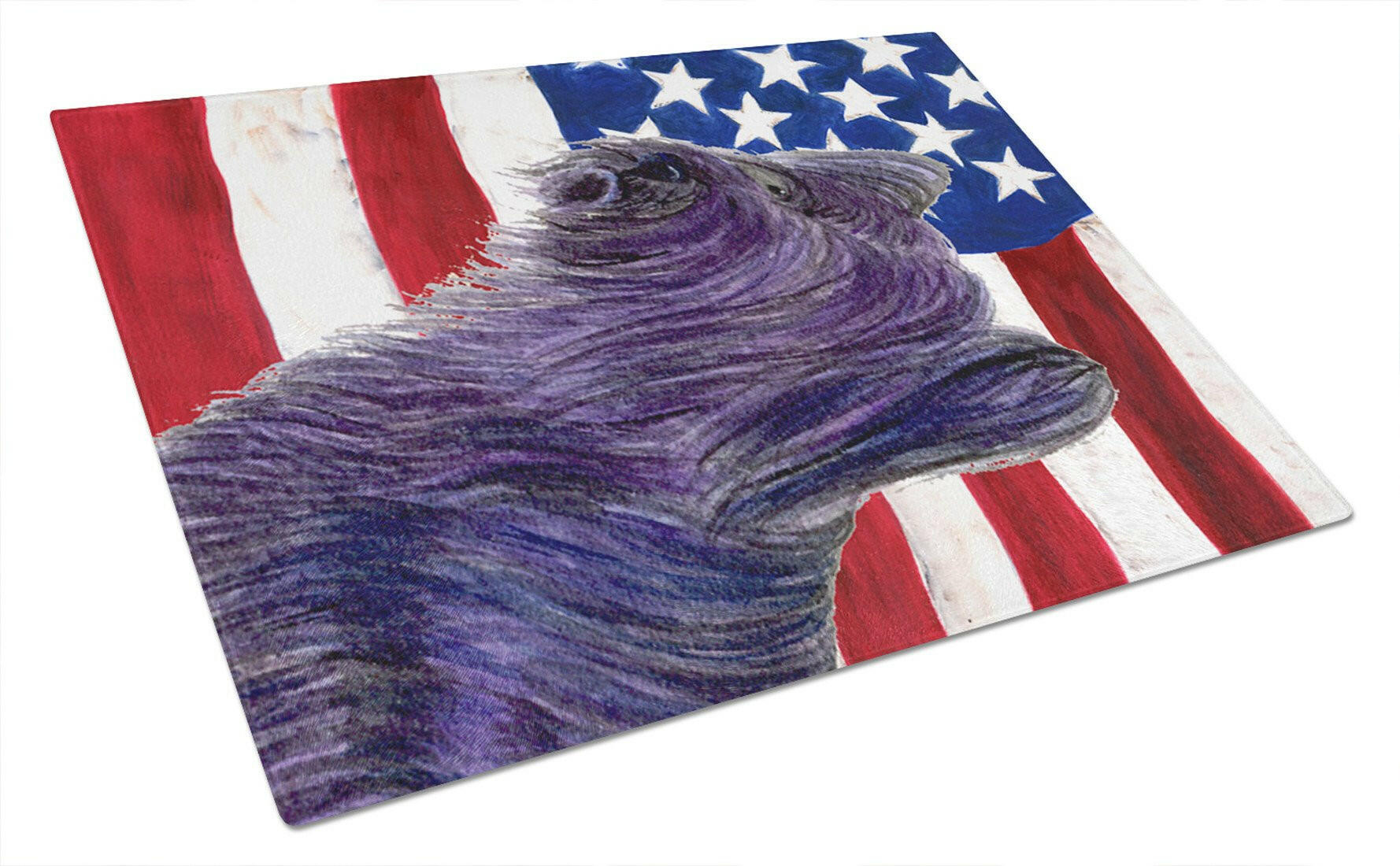 USA American Flag with Skye Terrier Cutting Board Tempered Glass Kitchen Cutting Surface, Heat Resistant Chopping, Non-Slip Feet, Food Prep & Serving