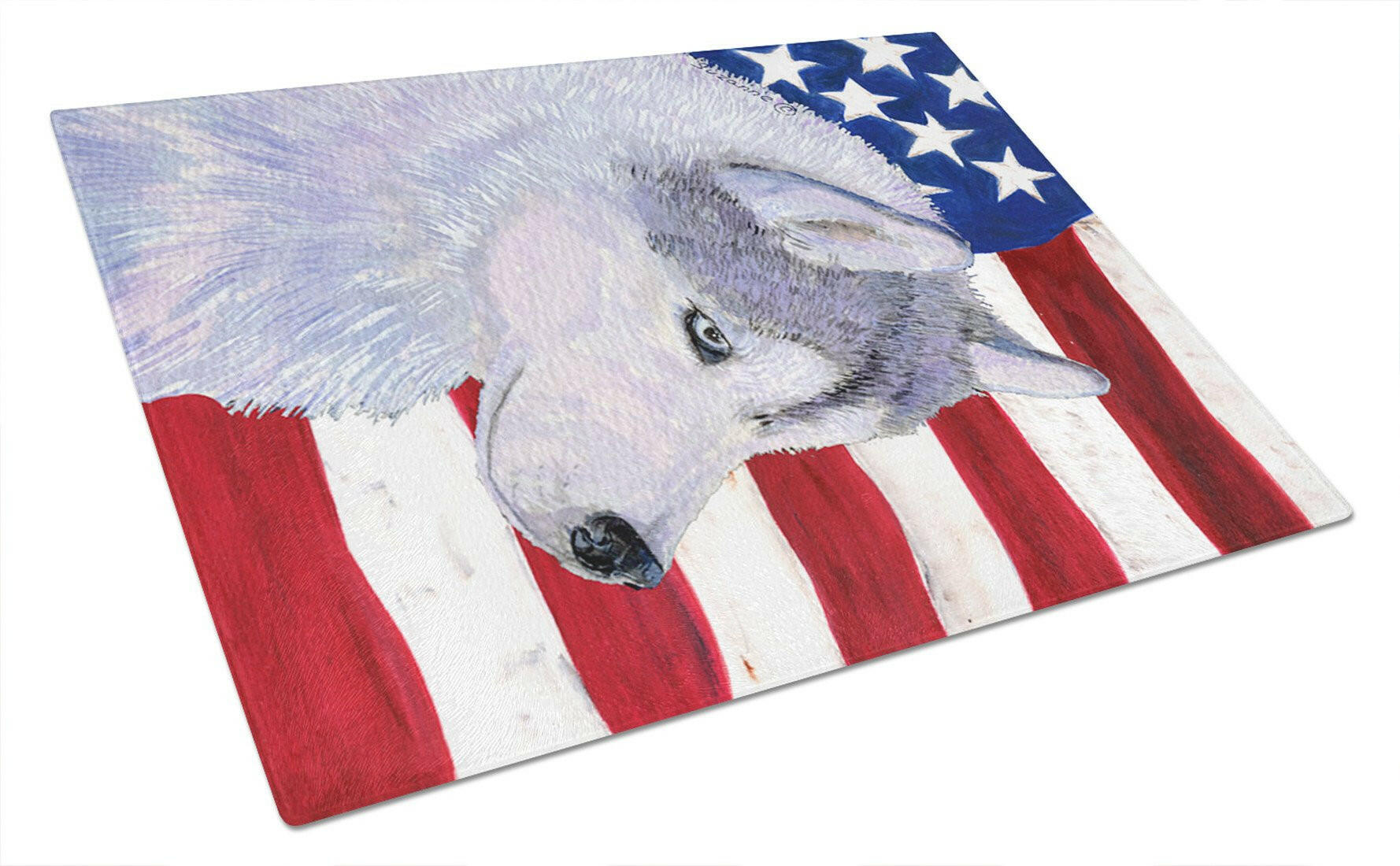 USA American Flag with Siberian Husky Cutting Board Tempered Glass Kitchen Cutting Surface, Heat Resistant Chopping, Non-Slip Feet, Food Prep & Serving