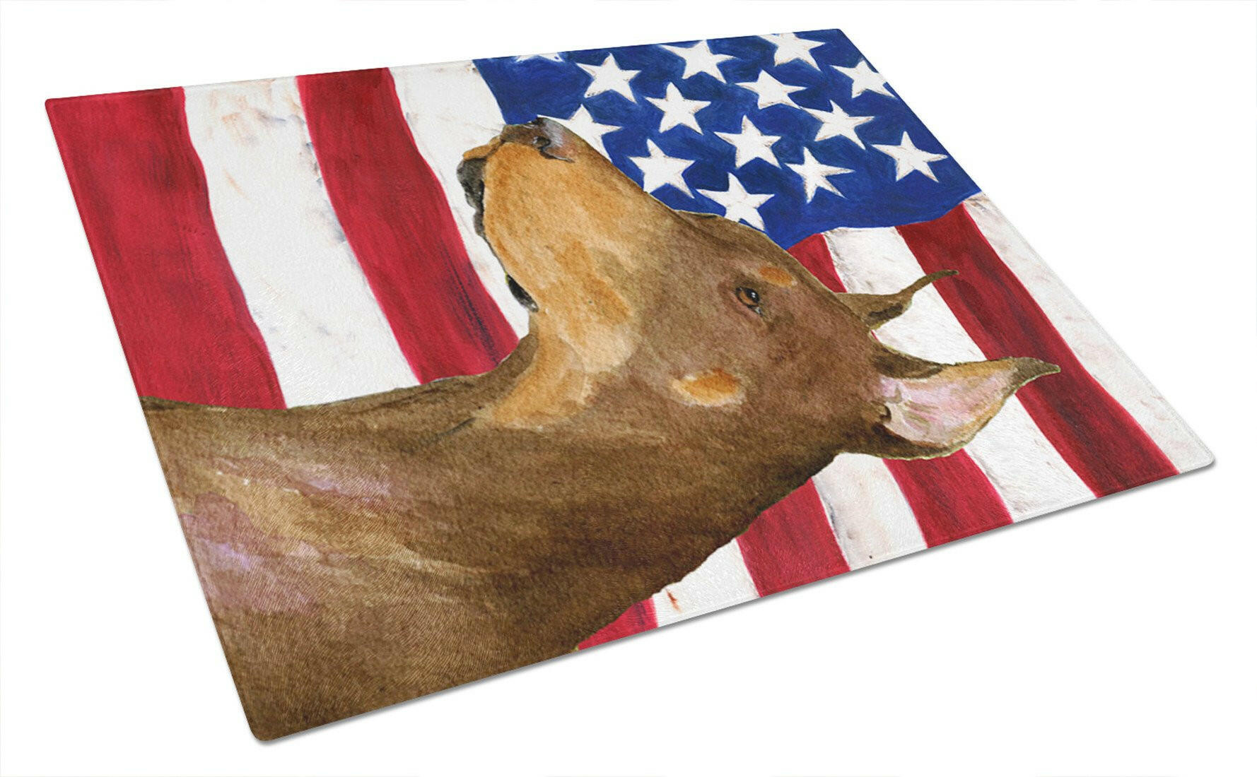 USA American Flag with Doberman Cutting Board Tempered Glass Kitchen Cutting Surface, Heat Resistant Chopping, Non-Slip Feet, Food Prep & Serving