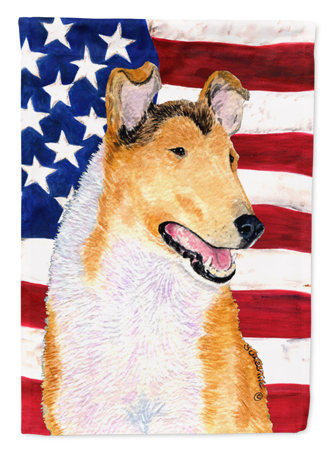 USA American Flag with Collie Smooth House Flag 28x40 Porch Sleeve Pole Decorative Outside Yard Banner Artwork Wall Hanging, Polyester