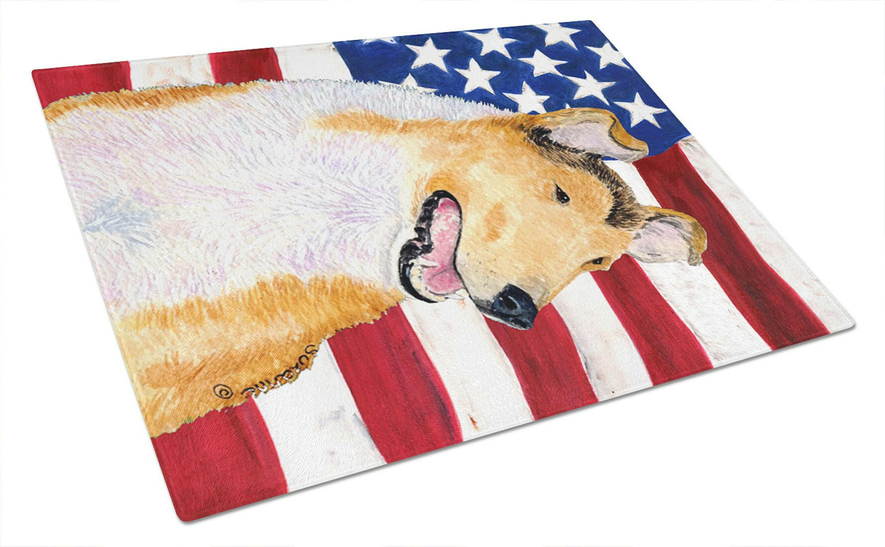 USA American Flag with Collie Smooth Cutting Board Tempered Glass Kitchen Cutting Surface, Heat Resistant Chopping, Non-Slip Feet, Food Prep & Serving