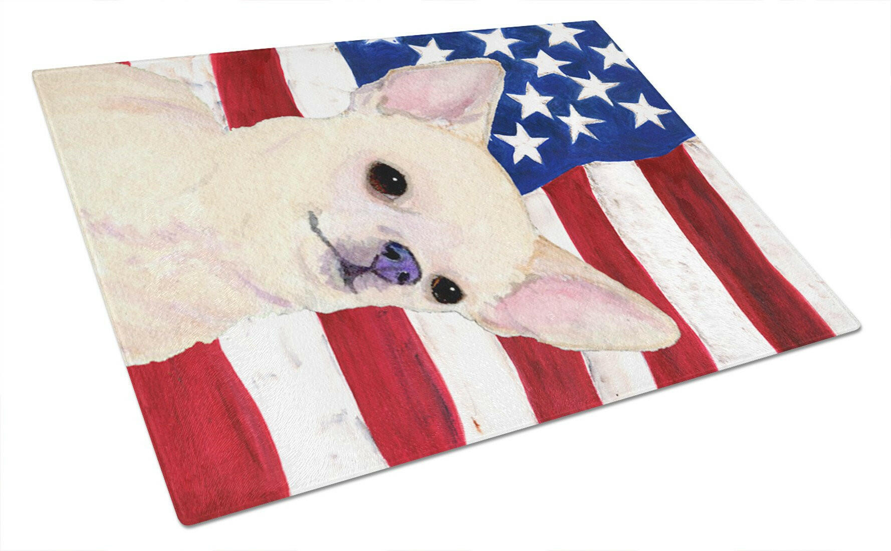USA American Flag with Chihuahua Cutting Board Tempered Glass Kitchen Cutting Surface, Heat Resistant Chopping, Non-Slip Feet, Food Prep & Serving