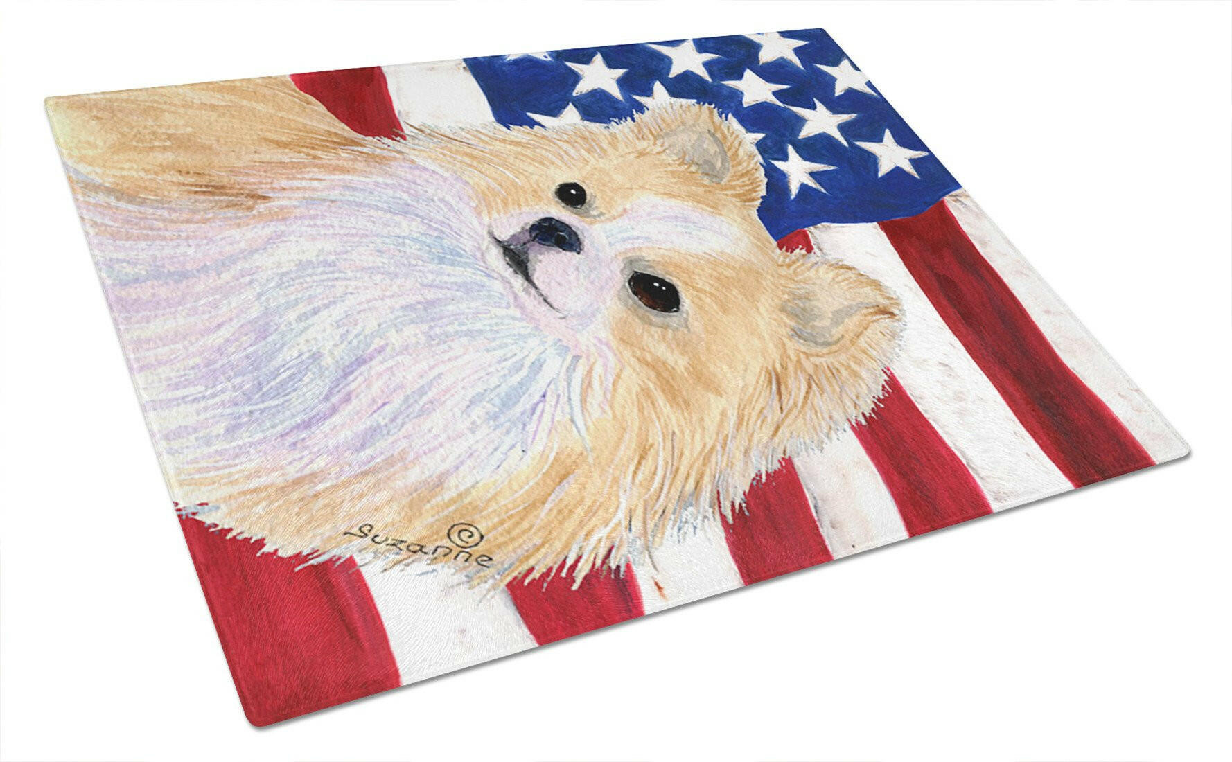 USA American Flag with Chihuahua Cutting Board Tempered Glass Kitchen Cutting Surface, Heat Resistant Chopping, Non-Slip Feet, Food Prep & Serving