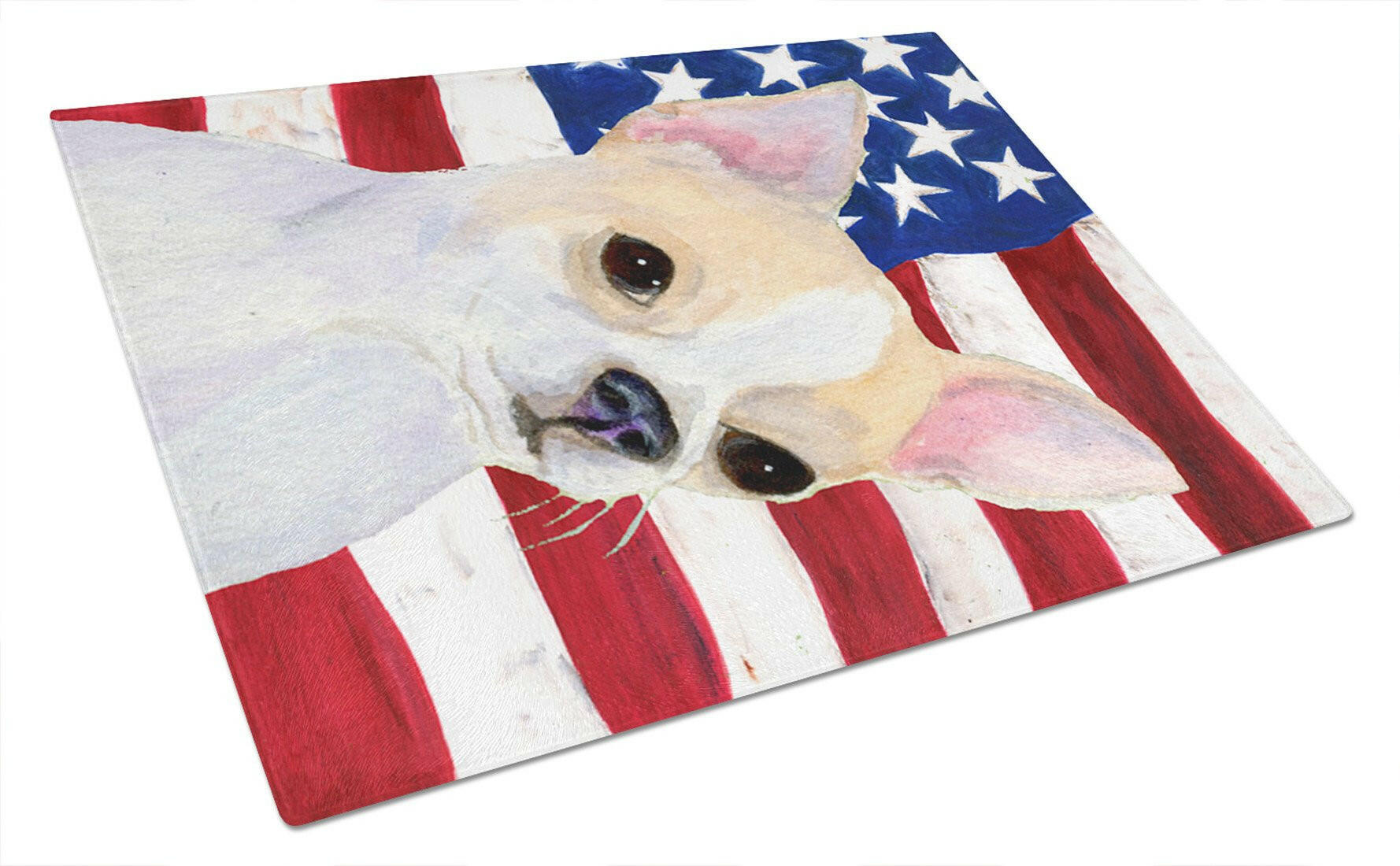 USA American Flag with Chihuahua Cutting Board Tempered Glass Kitchen Cutting Surface, Heat Resistant Chopping, Non-Slip Feet, Food Prep & Serving