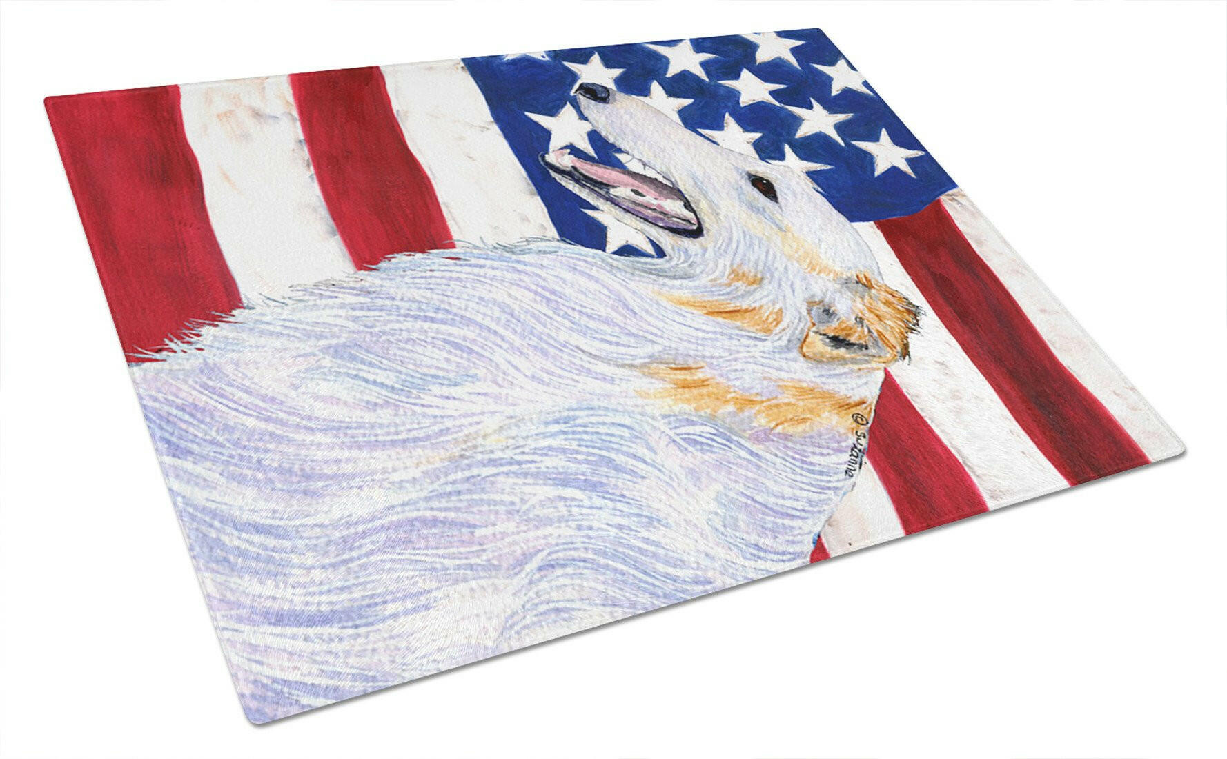 USA American Flag with Borzoi Cutting Board Tempered Glass Kitchen Cutting Surface, Heat Resistant Chopping, Non-Slip Feet, Food Prep & Serving