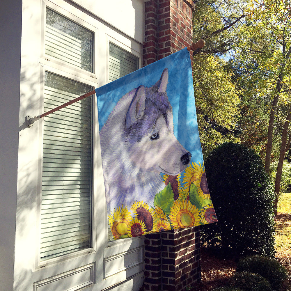Siberian Husky in Summer Flowers House Flag 28x40 Porch Sleeve Pole Decorative Outside Yard Banner Artwork Wall Hanging, Polyester