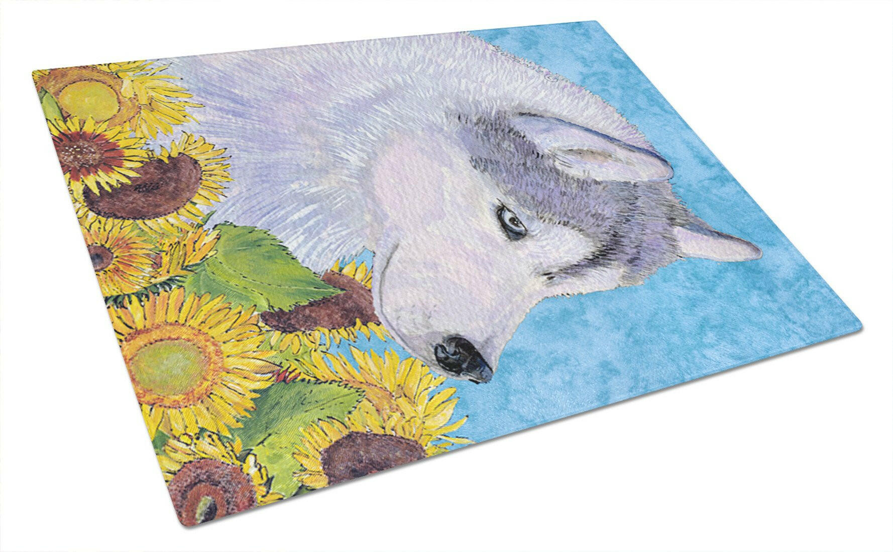 Siberian Husky in Summer Flowers Cutting Board Tempered Glass Kitchen Cutting Surface, Heat Resistant Chopping, Non-Slip Feet, Food Prep & Serving