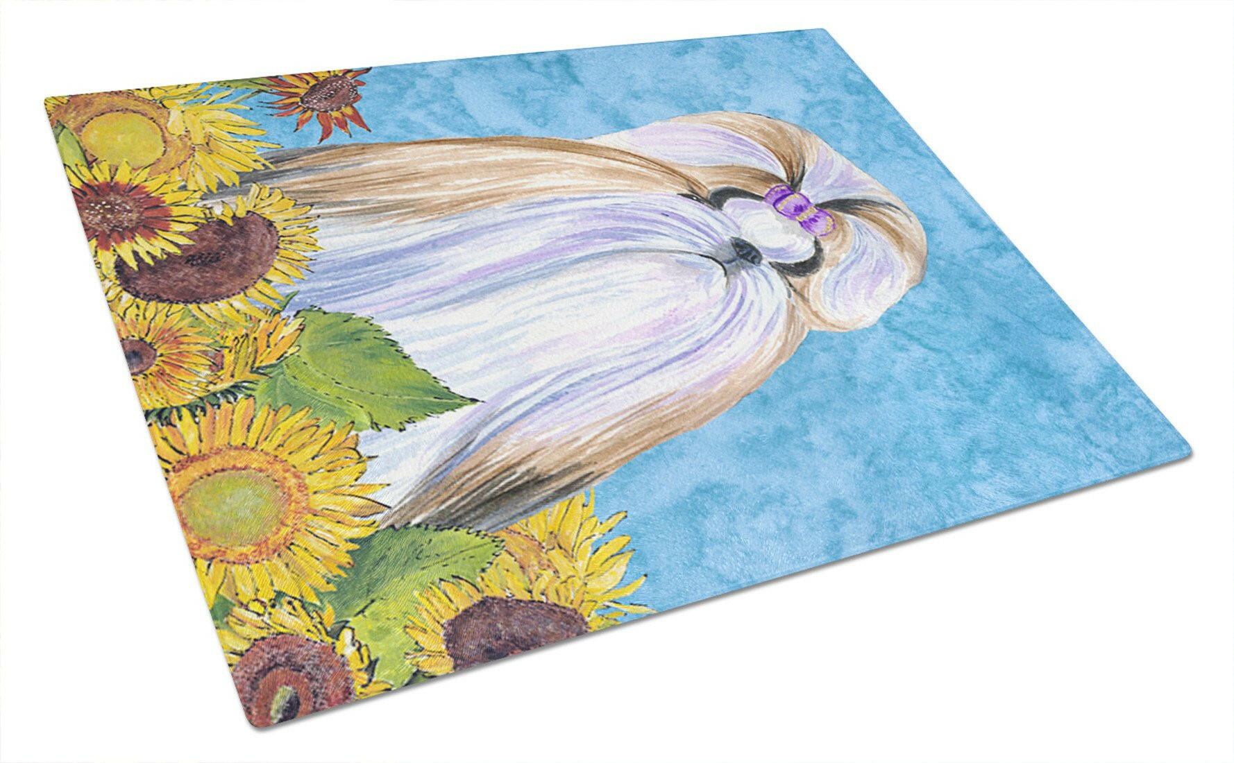 Shih Tzu in Summer Flowers Cutting Board Tempered Glass Kitchen Cutting Surface, Heat Resistant Chopping, Non-Slip Feet, Food Prep & Serving