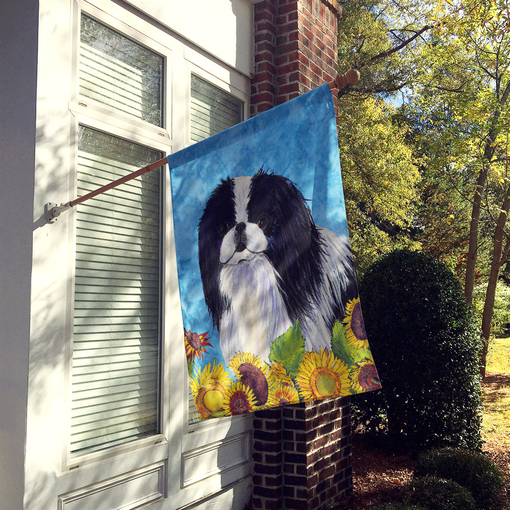 Japanese Chin in Summer Flowers House Flag 28x40 Porch Sleeve Pole Decorative Outside Yard Banner Artwork Wall Hanging, Polyester