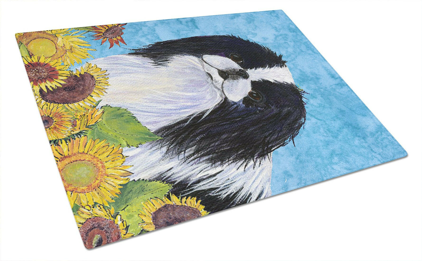 Japanese Chin in Summer Flowers Cutting Board Tempered Glass Kitchen Cutting Surface, Heat Resistant Chopping, Non-Slip Feet, Food Prep & Serving
