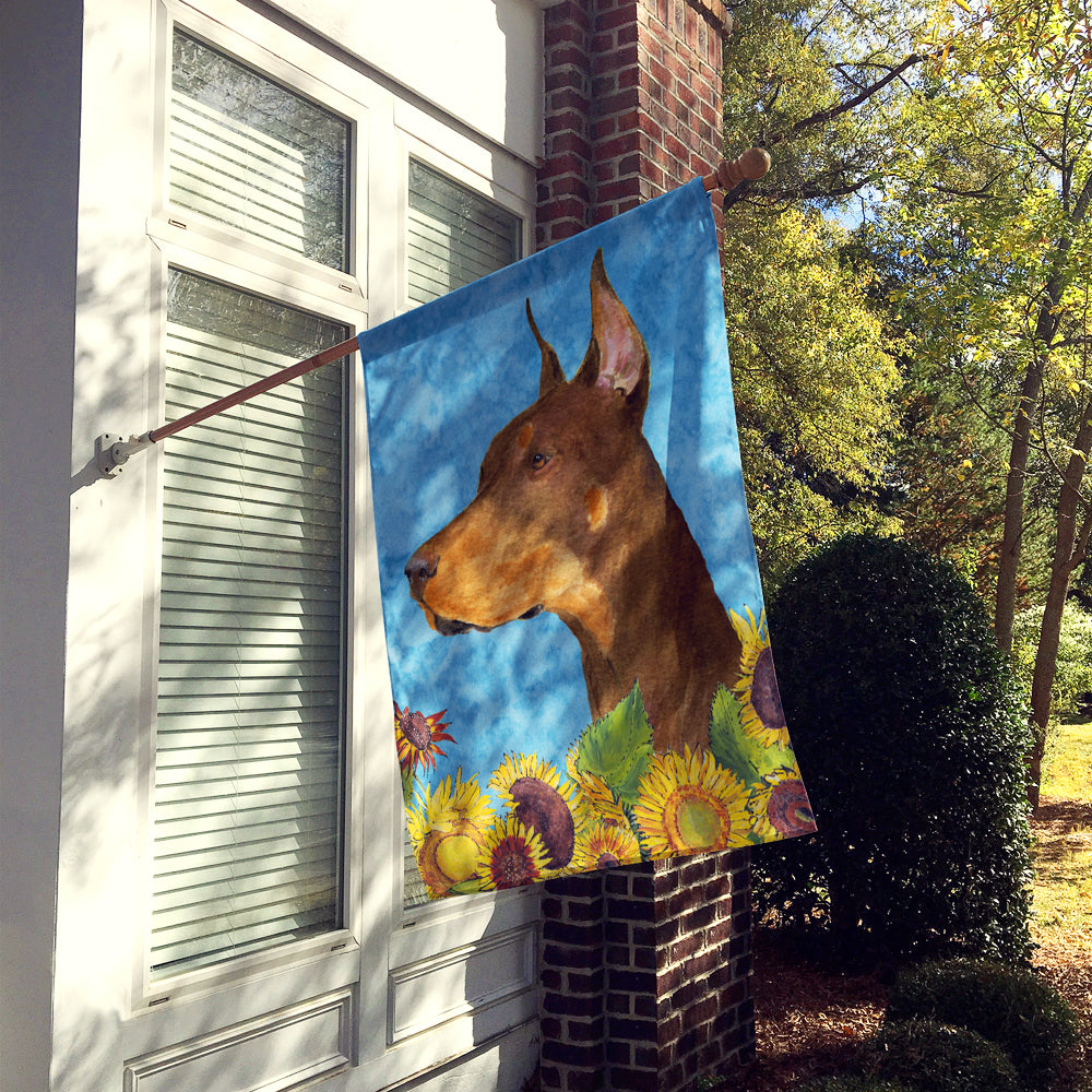 Doberman in Summer Flowers House Flag 28x40 Porch Sleeve Pole Decorative Outside Yard Banner Artwork Wall Hanging, Polyester