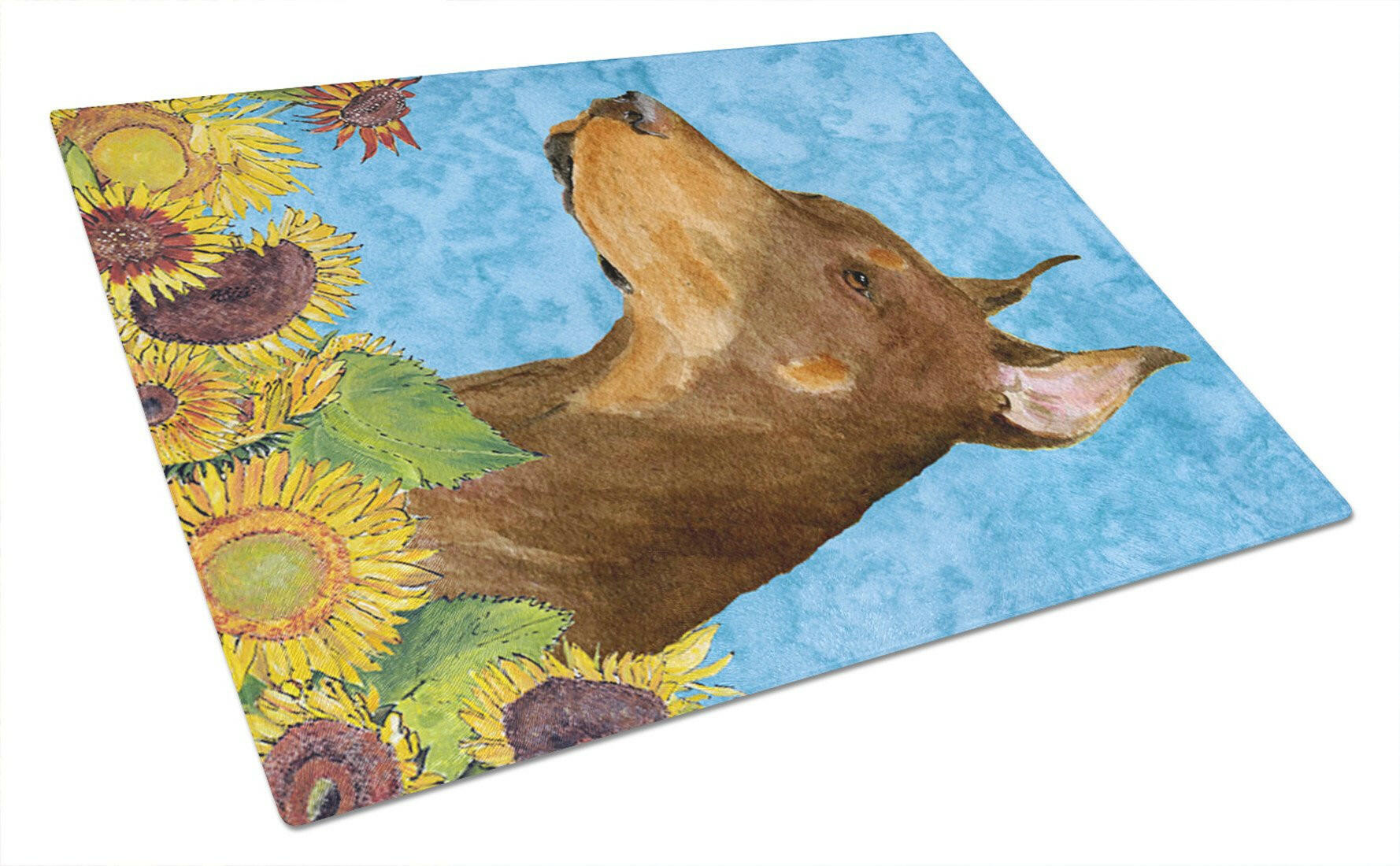 Doberman in Summer Flowers Cutting Board Tempered Glass Kitchen Cutting Surface, Heat Resistant Chopping, Non-Slip Feet, Food Prep & Serving