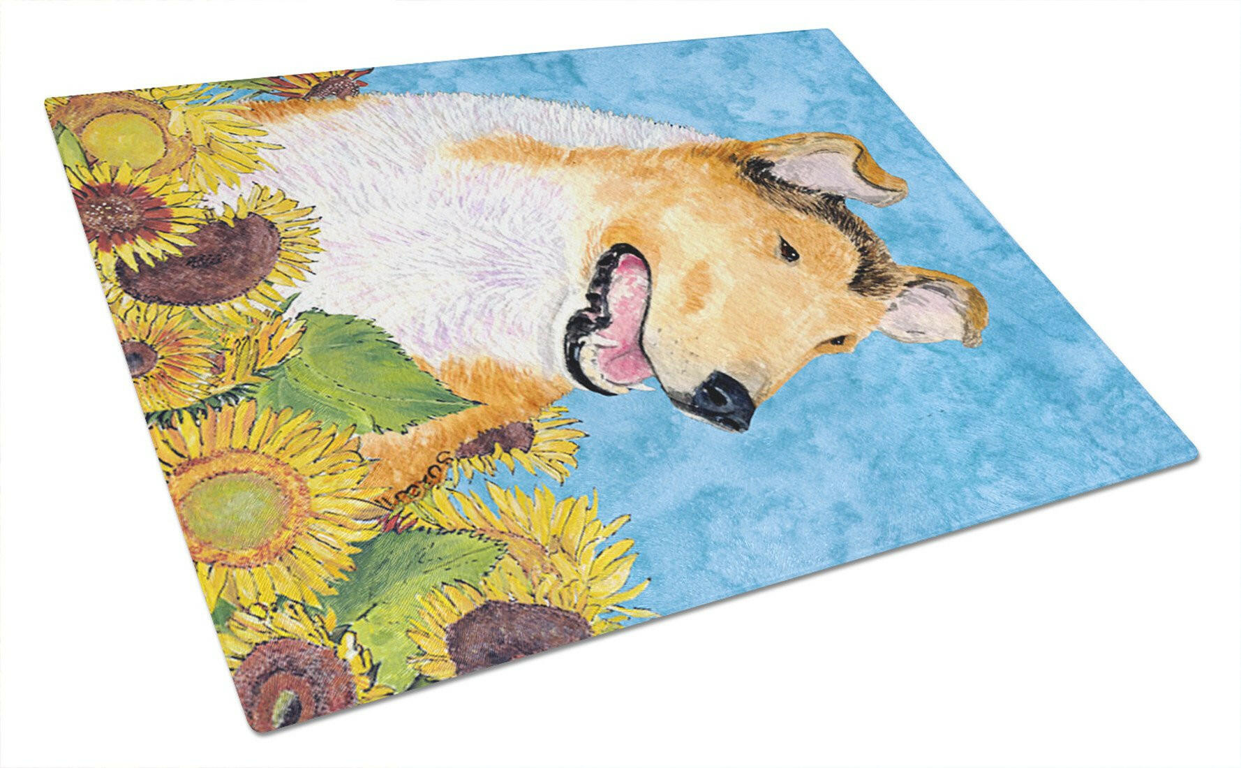 Collie Smooth in Summer Flowers Cutting Board Tempered Glass Kitchen Cutting Surface, Heat Resistant Chopping, Non-Slip Feet, Food Prep & Serving