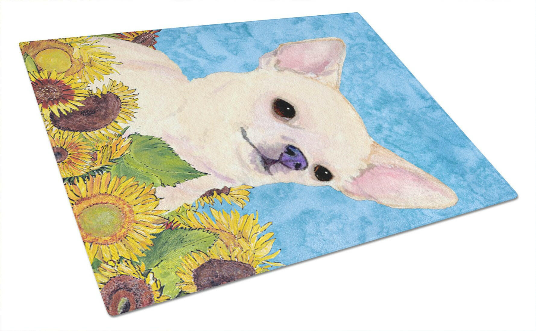 Chihuahua in Summer Flowers Cutting Board Tempered Glass Kitchen Cutting Surface, Heat Resistant Chopping, Non-Slip Feet, Food Prep & Serving