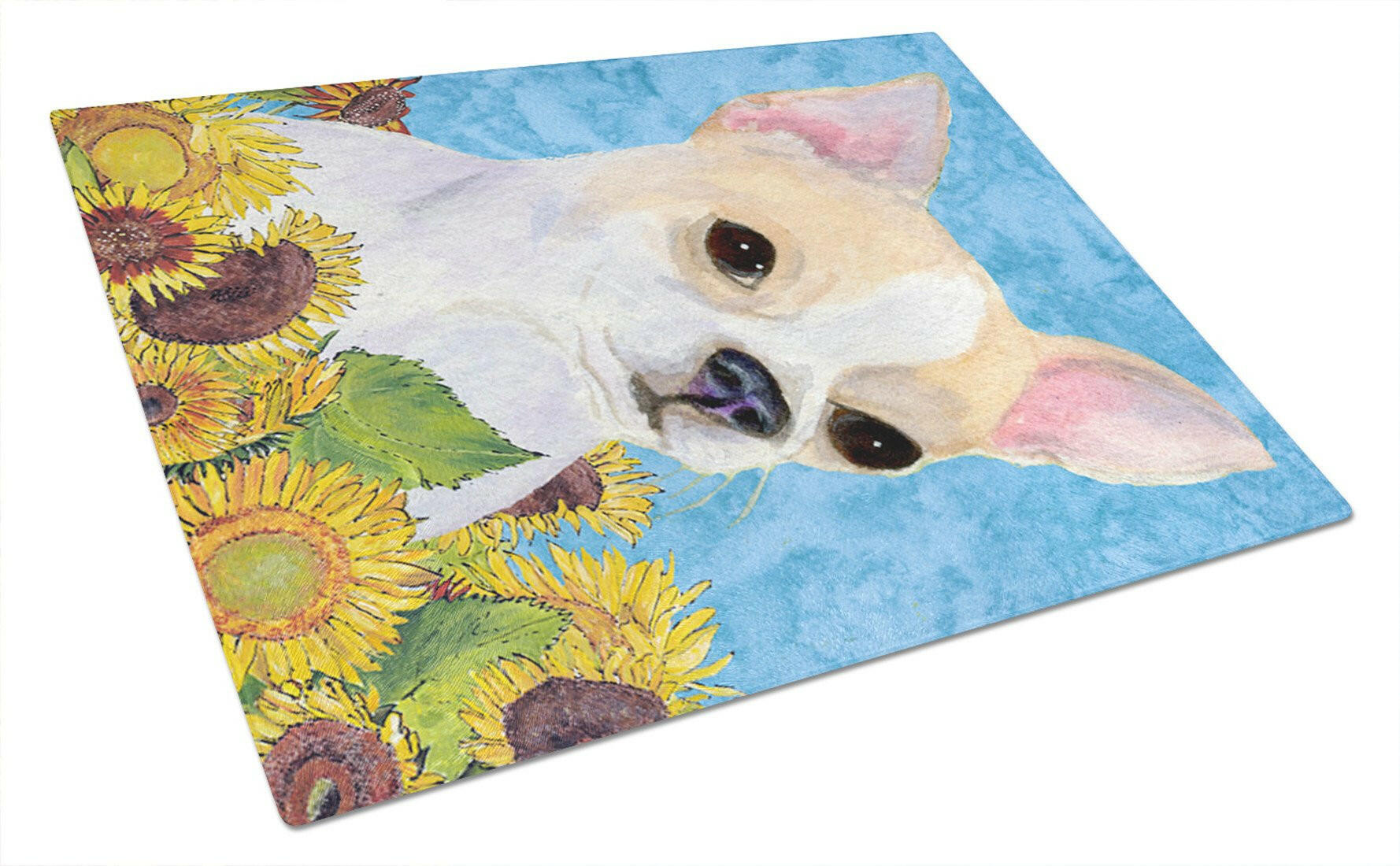 Chihuahua in Summer Flowers Cutting Board Tempered Glass Kitchen Cutting Surface, Heat Resistant Chopping, Non-Slip Feet, Food Prep & Serving