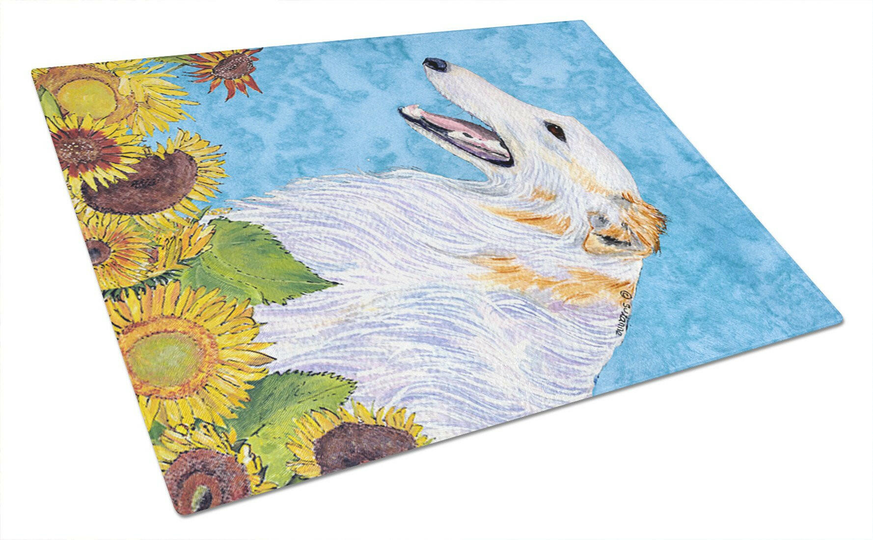 Borzoi in Summer Flowers Cutting Board Tempered Glass Kitchen Cutting Surface, Heat Resistant Chopping, Non-Slip Feet, Food Prep & Serving