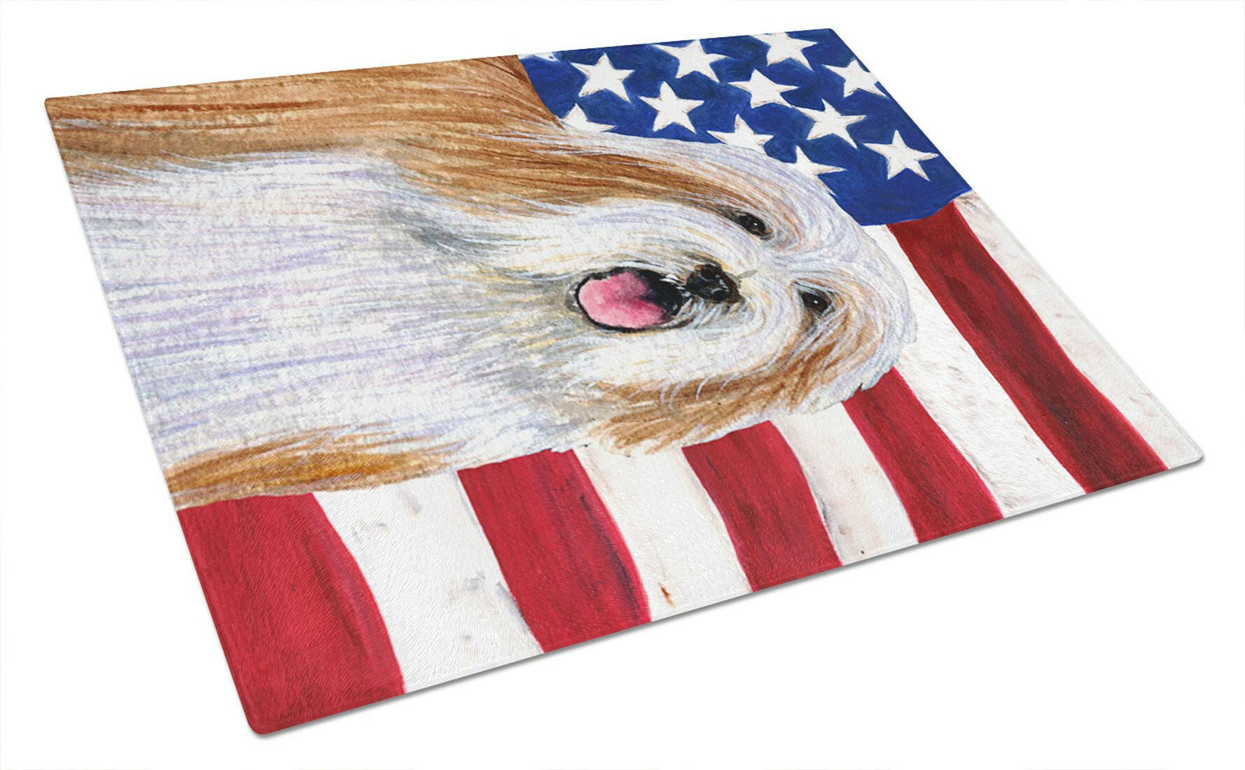 USA American Flag with Bearded Collie Cutting Board Tempered Glass Kitchen Cutting Surface, Heat Resistant Chopping, Non-Slip Feet, Food Prep & Serving
