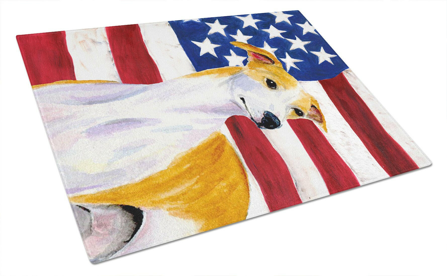 USA American Flag with Whippet Cutting Board Tempered Glass Kitchen Cutting Surface, Heat Resistant Chopping, Non-Slip Feet, Food Prep & Serving